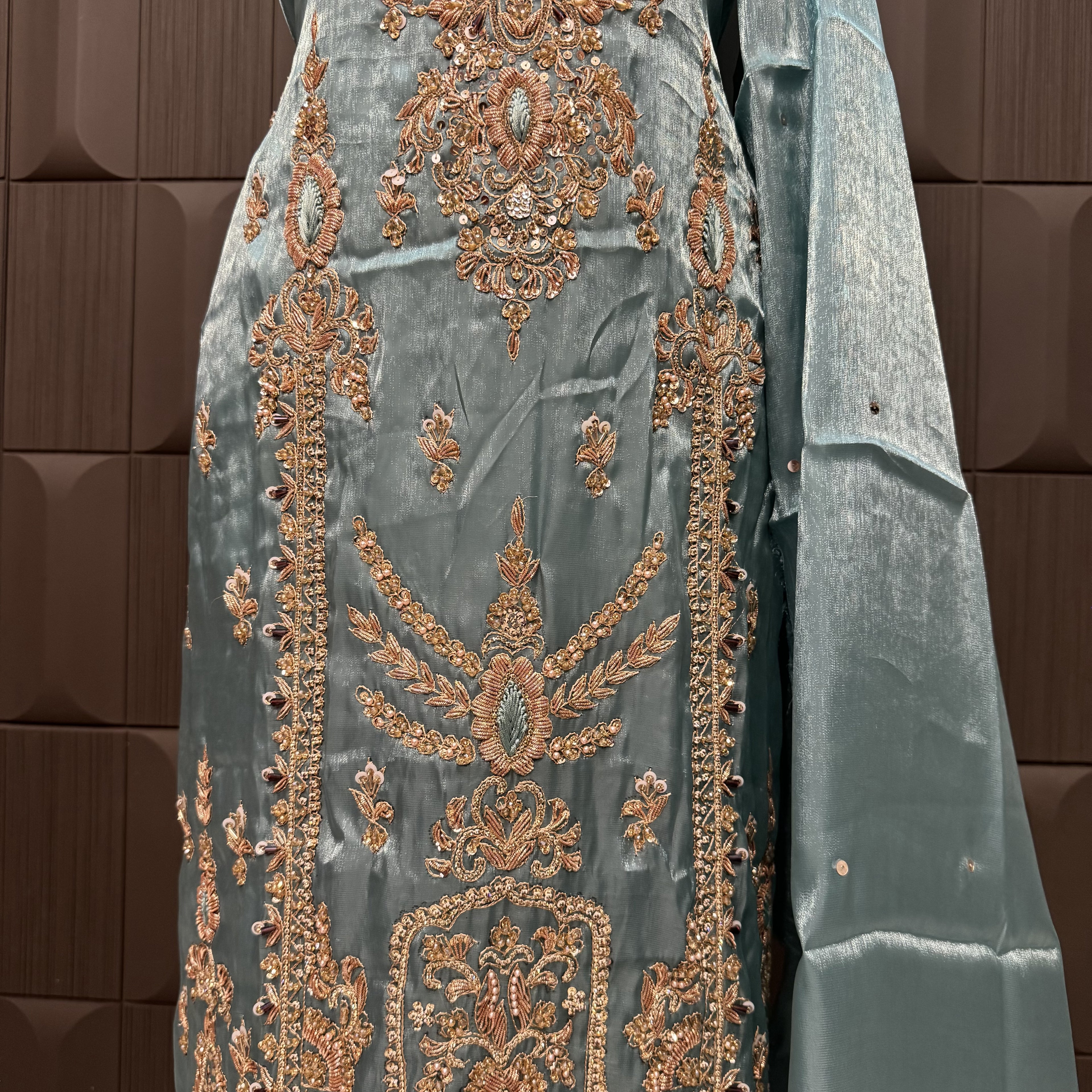 Party Wear Hand Work 4Pcs Unstitched Suit in Dark Aqua – PW010