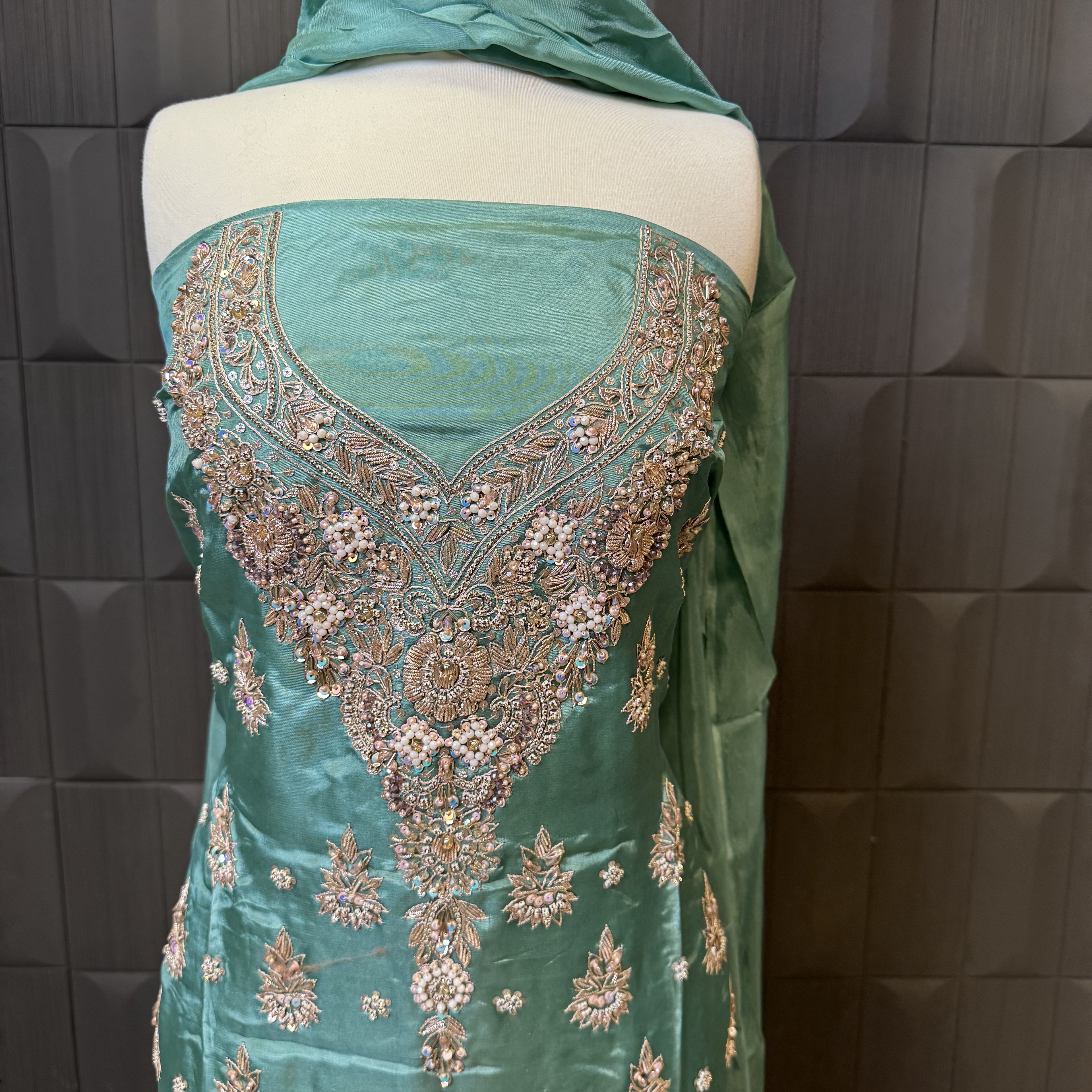 Party Wear Hand Work 4Pcs Unstitched Suit in Dark Green – PW025