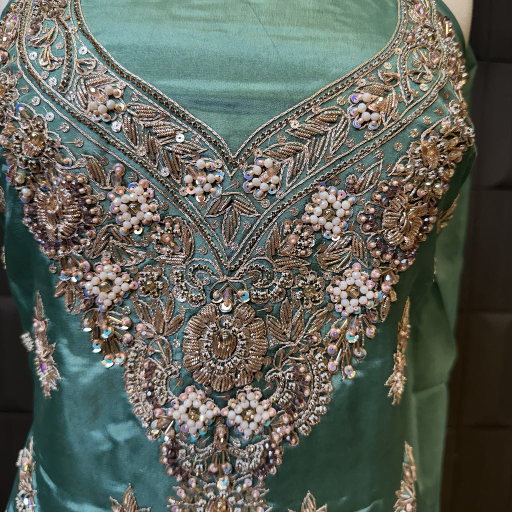 Party Wear Hand Work 4Pcs Unstitched Suit in Dark Green – PW025