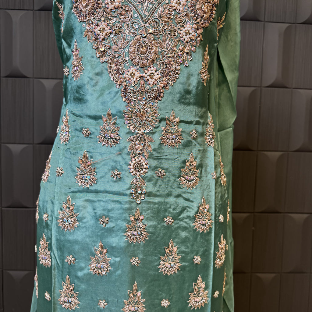 Party Wear Hand Work 4Pcs Unstitched Suit in Dark Green – PW025