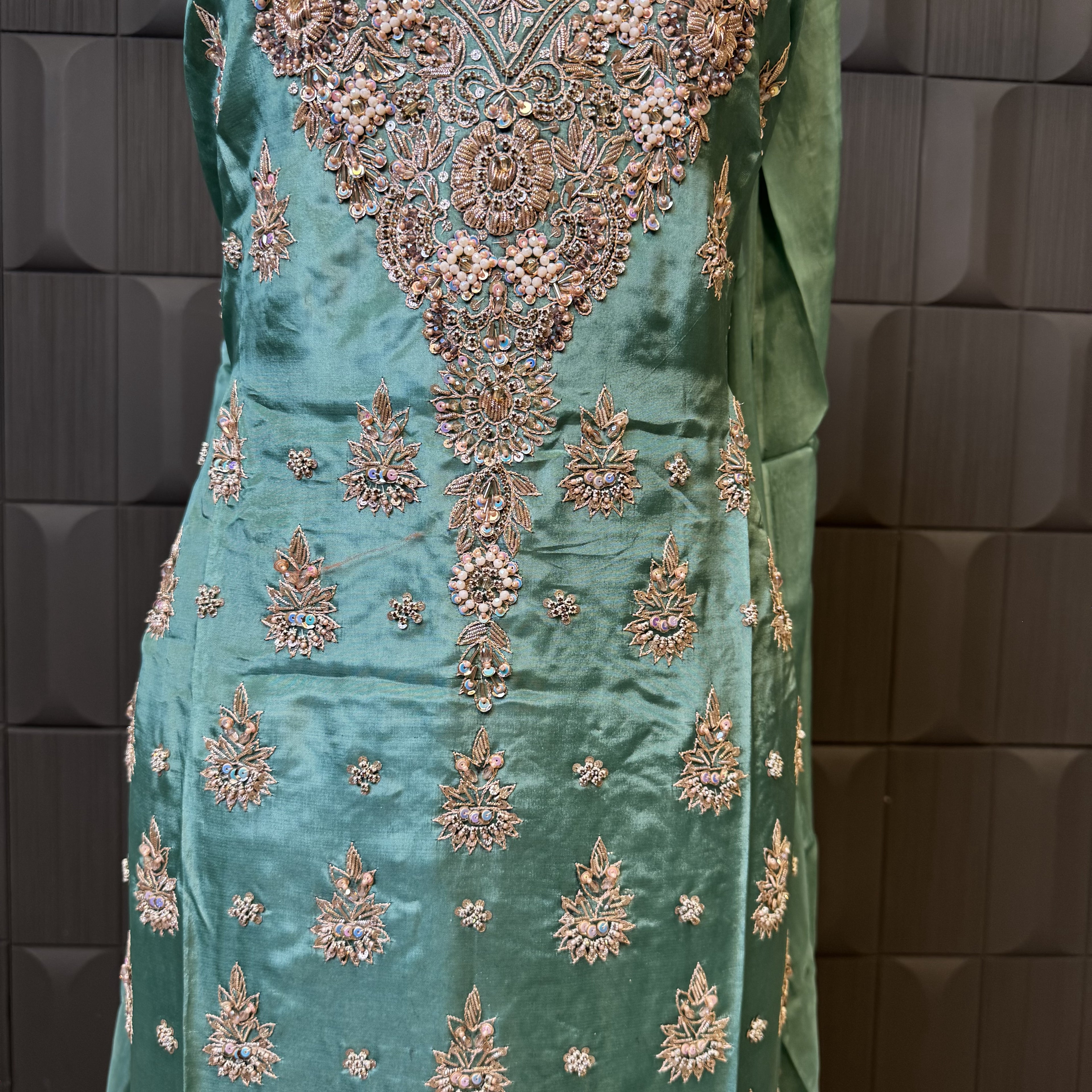 Party Wear Hand Work 4Pcs Unstitched Suit in Dark Green – PW025