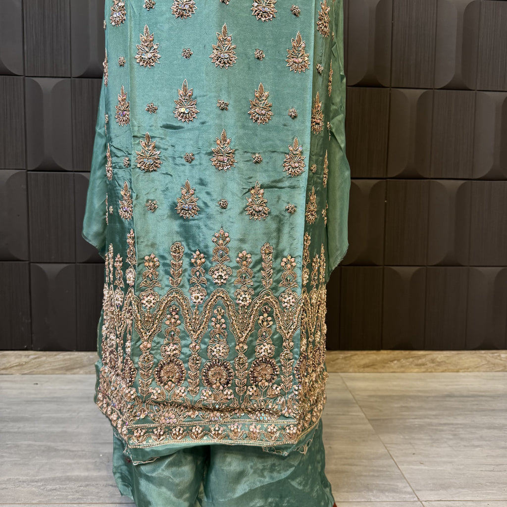 Party Wear Hand Work 4Pcs Unstitched Suit in Dark Green – PW025