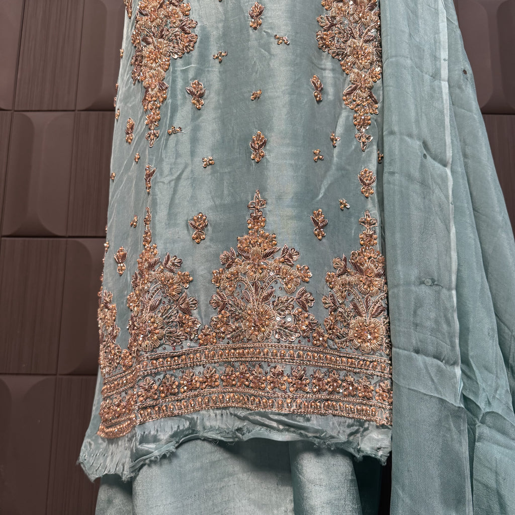 Party Wear Hand Work 4Pcs Unstitched Suit in Dark Pista – PW003