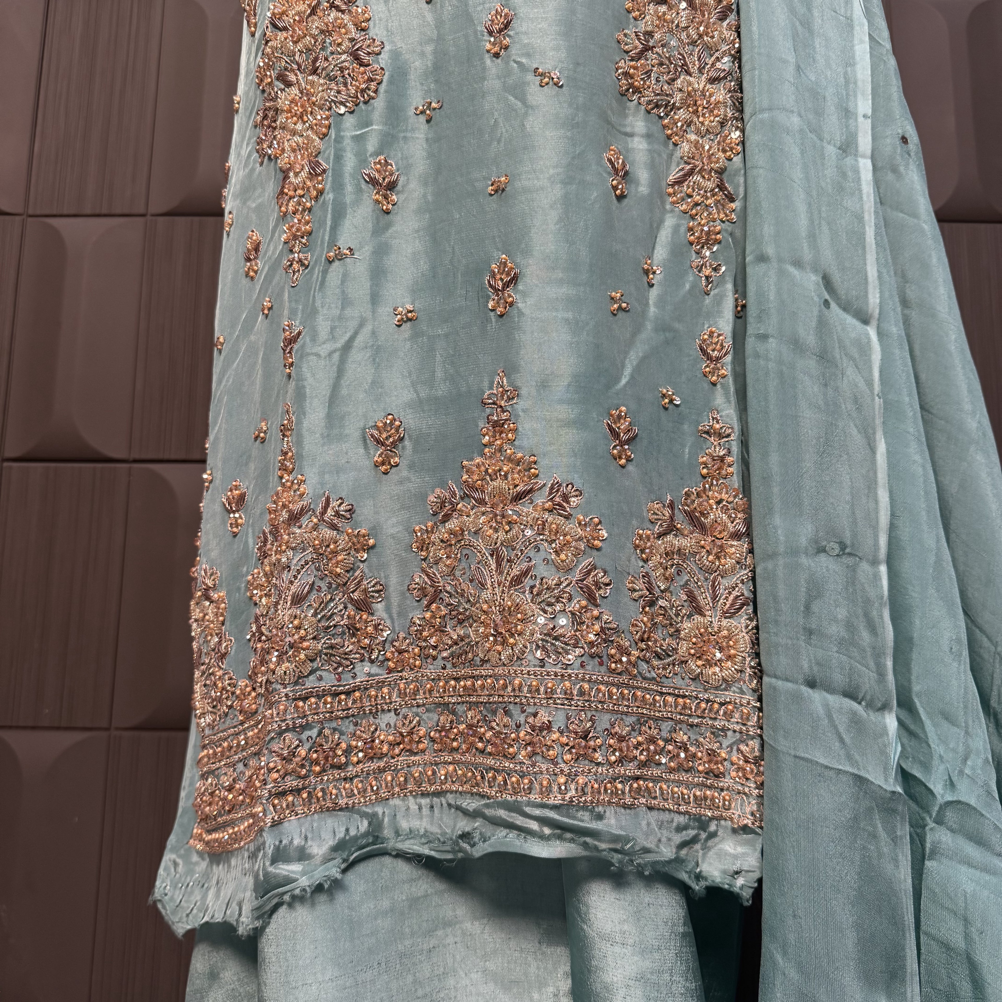 Party Wear Hand Work 4Pcs Unstitched Suit in Dark Pista – PW003