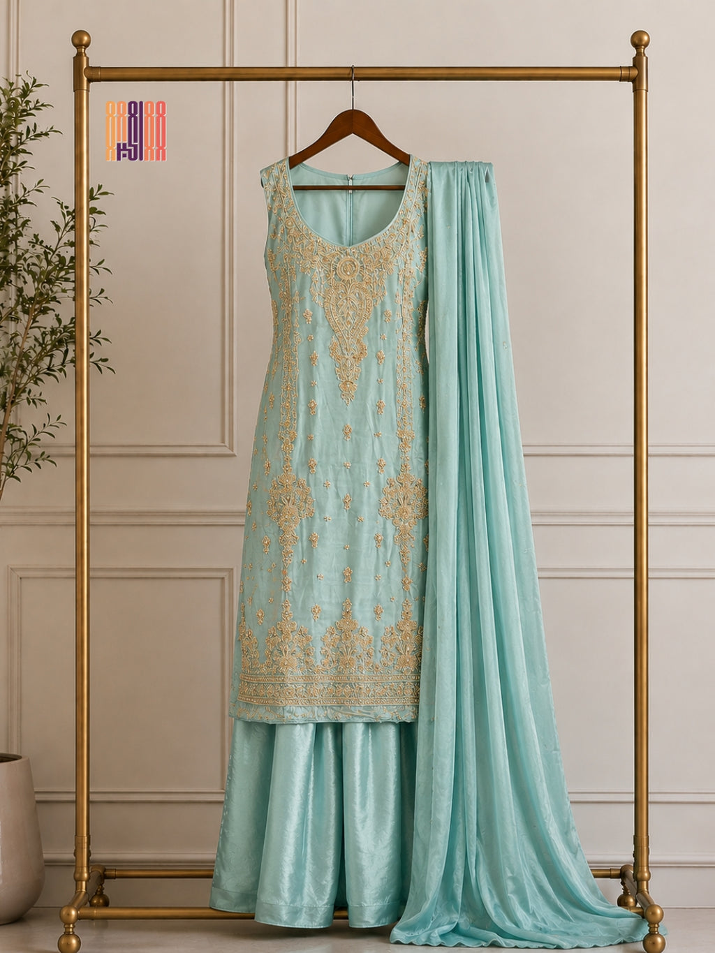 Party Wear Hand Work 4Pcs Unstitched Suit in Dark Pista – PW003