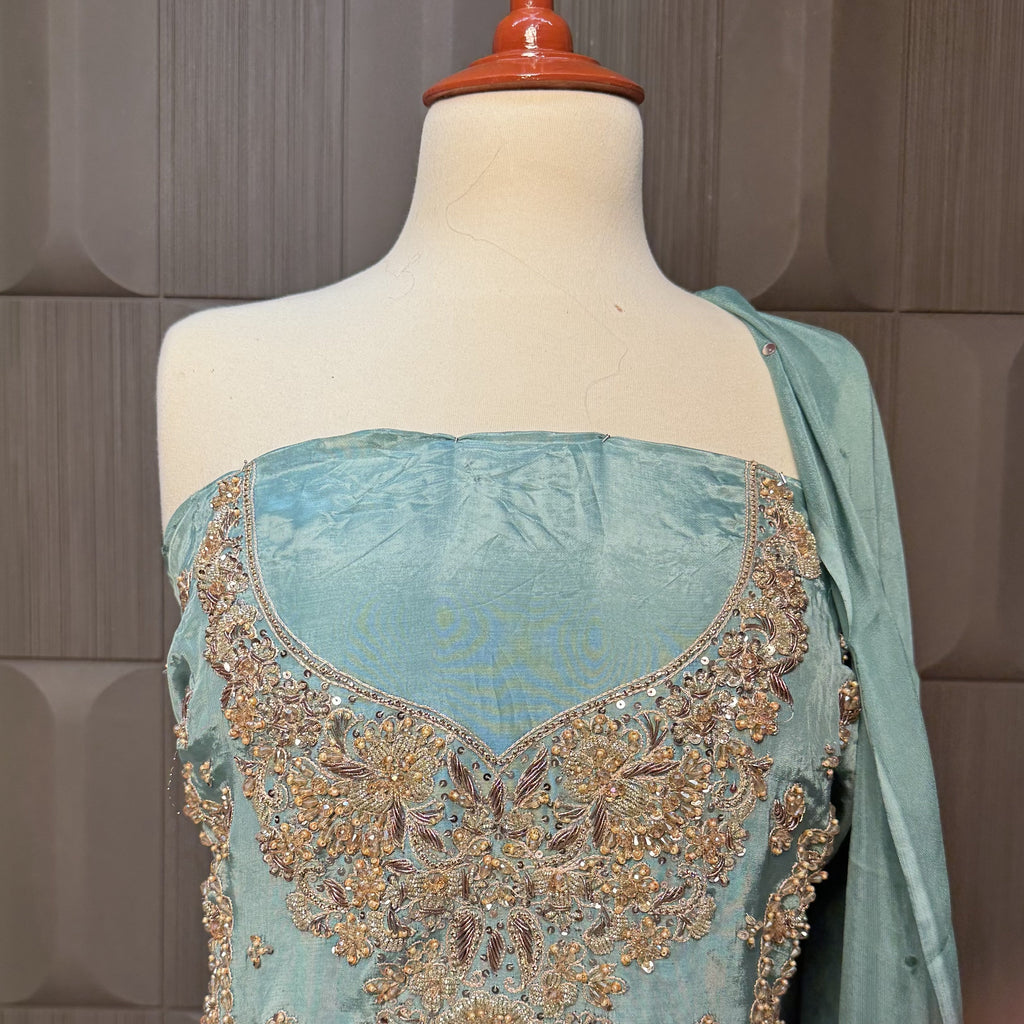 Party Wear Hand Work 4Pcs Unstitched Suit in Dark Pista – PW003