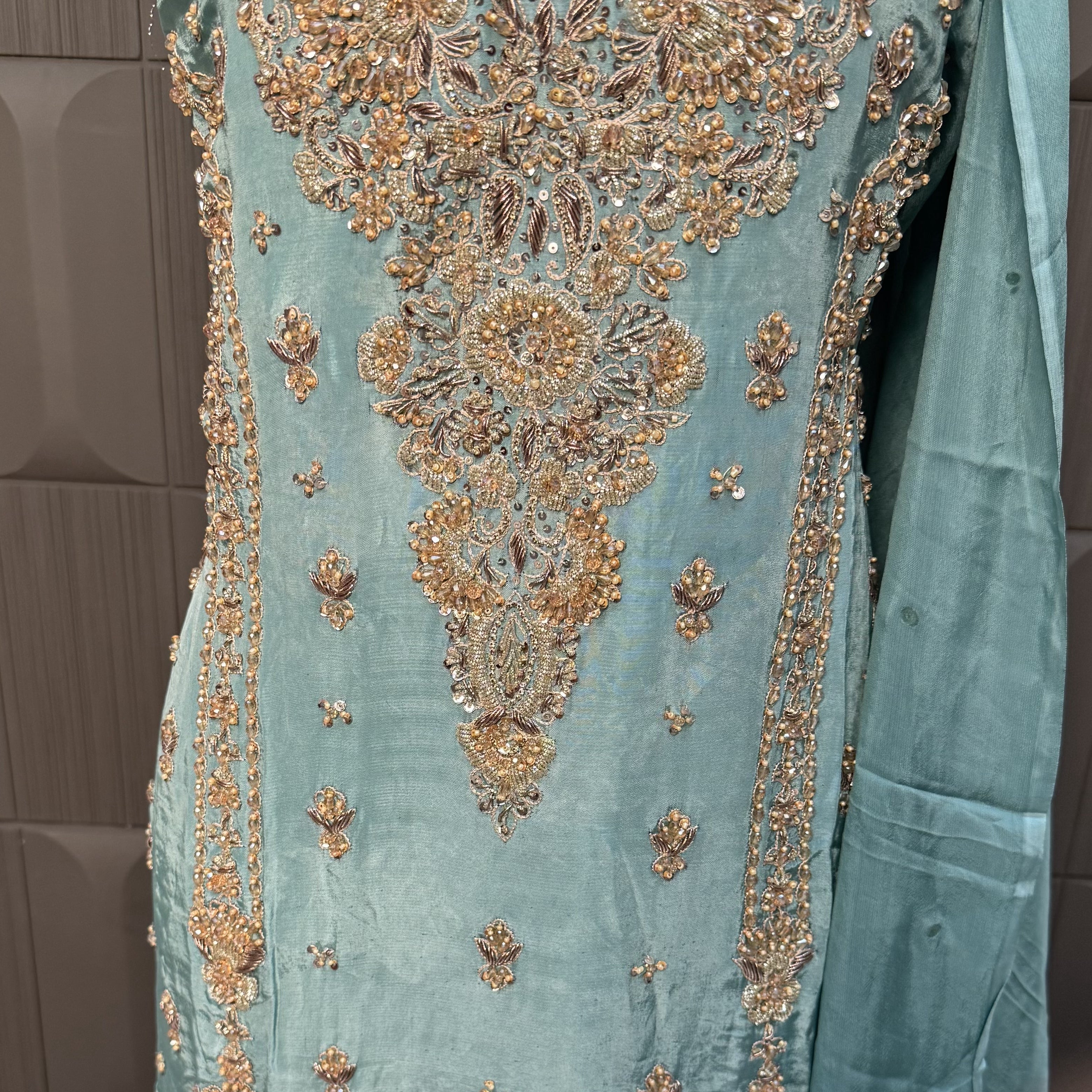 Party Wear Hand Work 4Pcs Unstitched Suit in Dark Pista – PW003