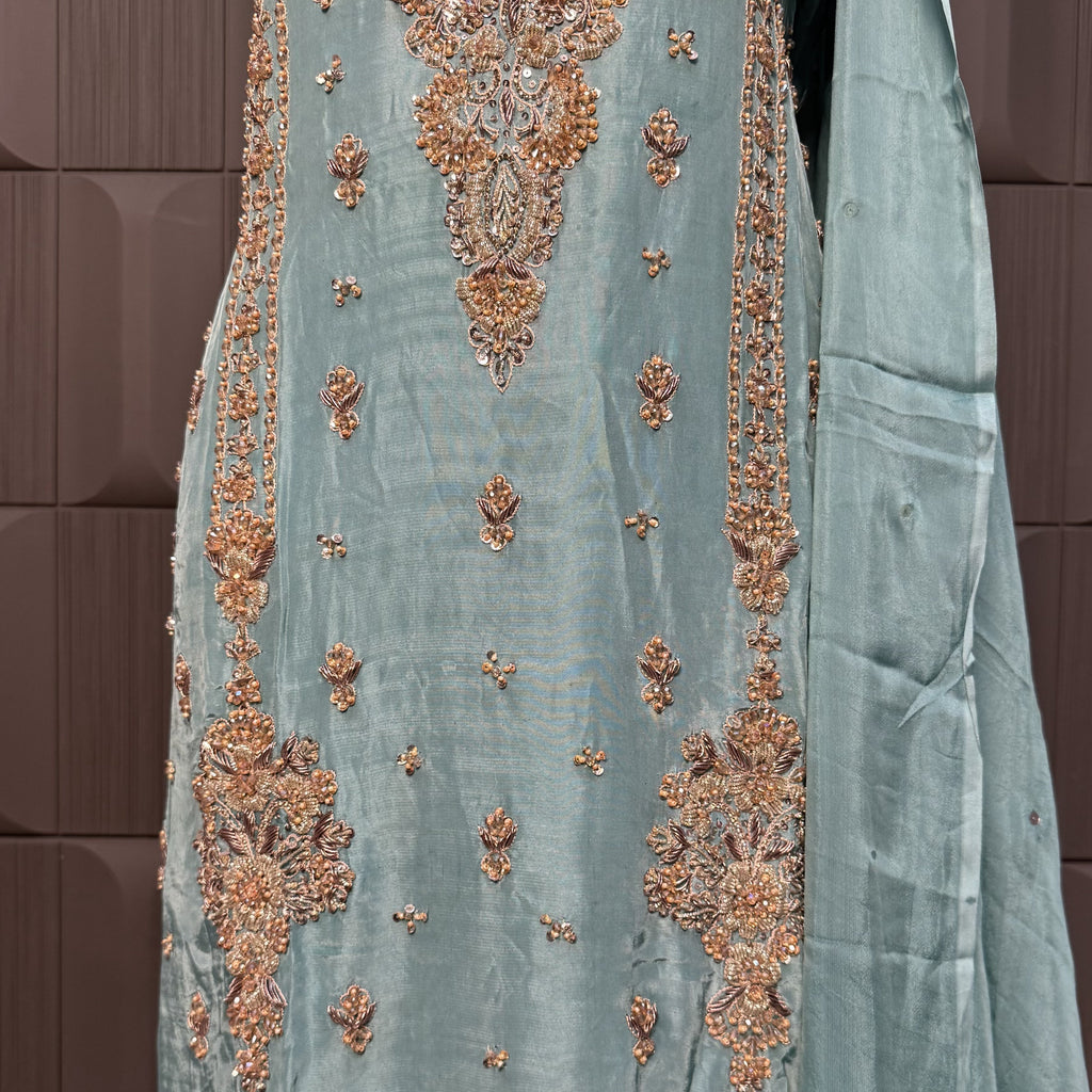 Party Wear Hand Work 4Pcs Unstitched Suit in Dark Pista – PW003