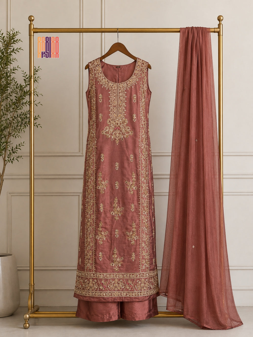 Party Wear Hand Work 4Pcs Unstitched Suit in Dark Tea Pink – PW024