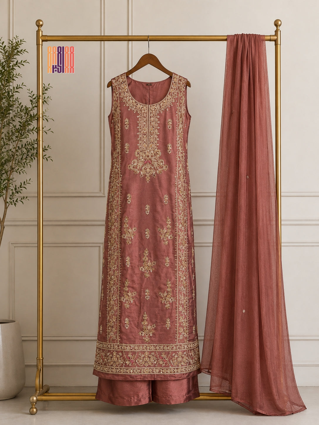 Party Wear Hand Work 4Pcs Unstitched Suit in Dark Tea Pink – PW024