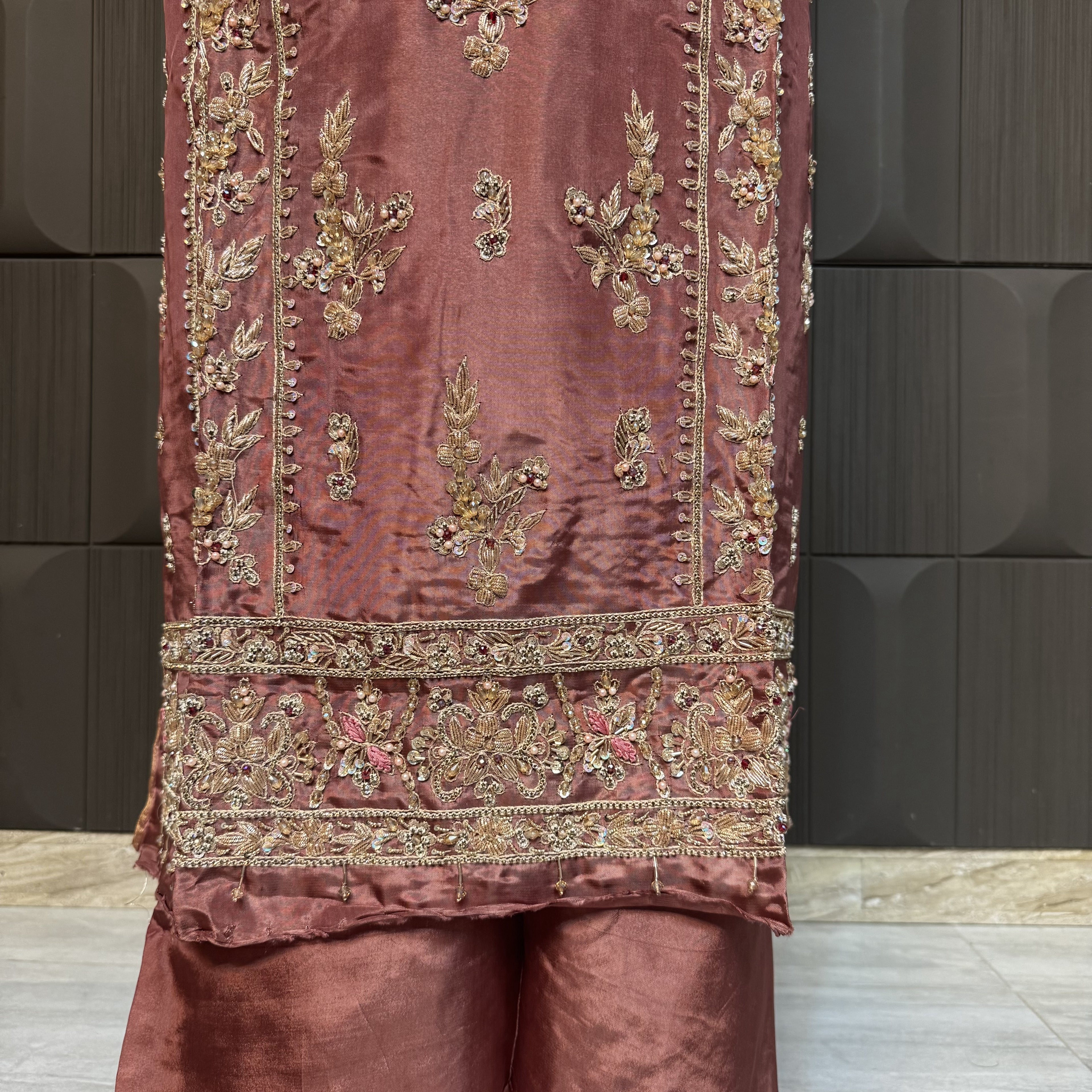 Party Wear Hand Work 4Pcs Unstitched Suit in Dark Tea Pink – PW024