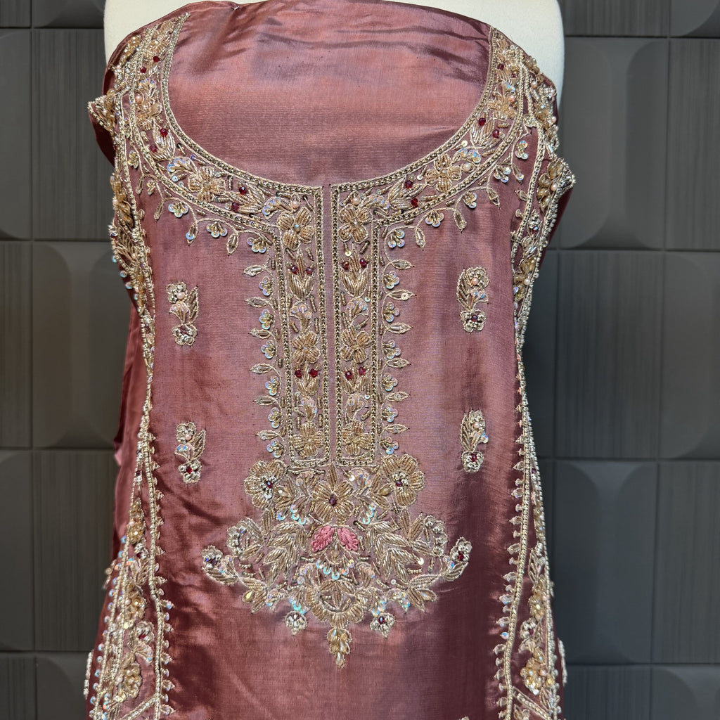 Party Wear Hand Work 4Pcs Unstitched Suit in Dark Tea Pink – PW024