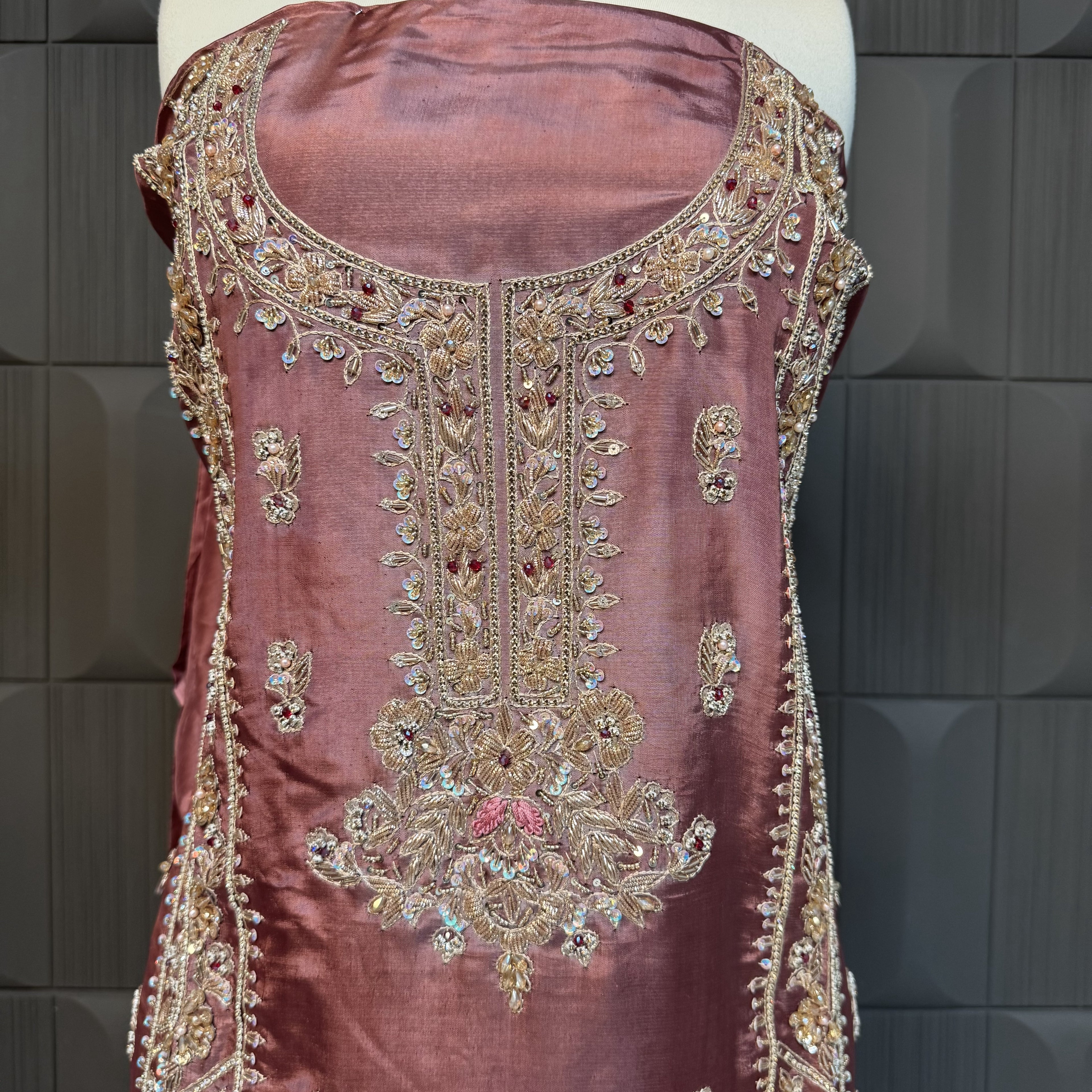 Party Wear Hand Work 4Pcs Unstitched Suit in Dark Tea Pink – PW024