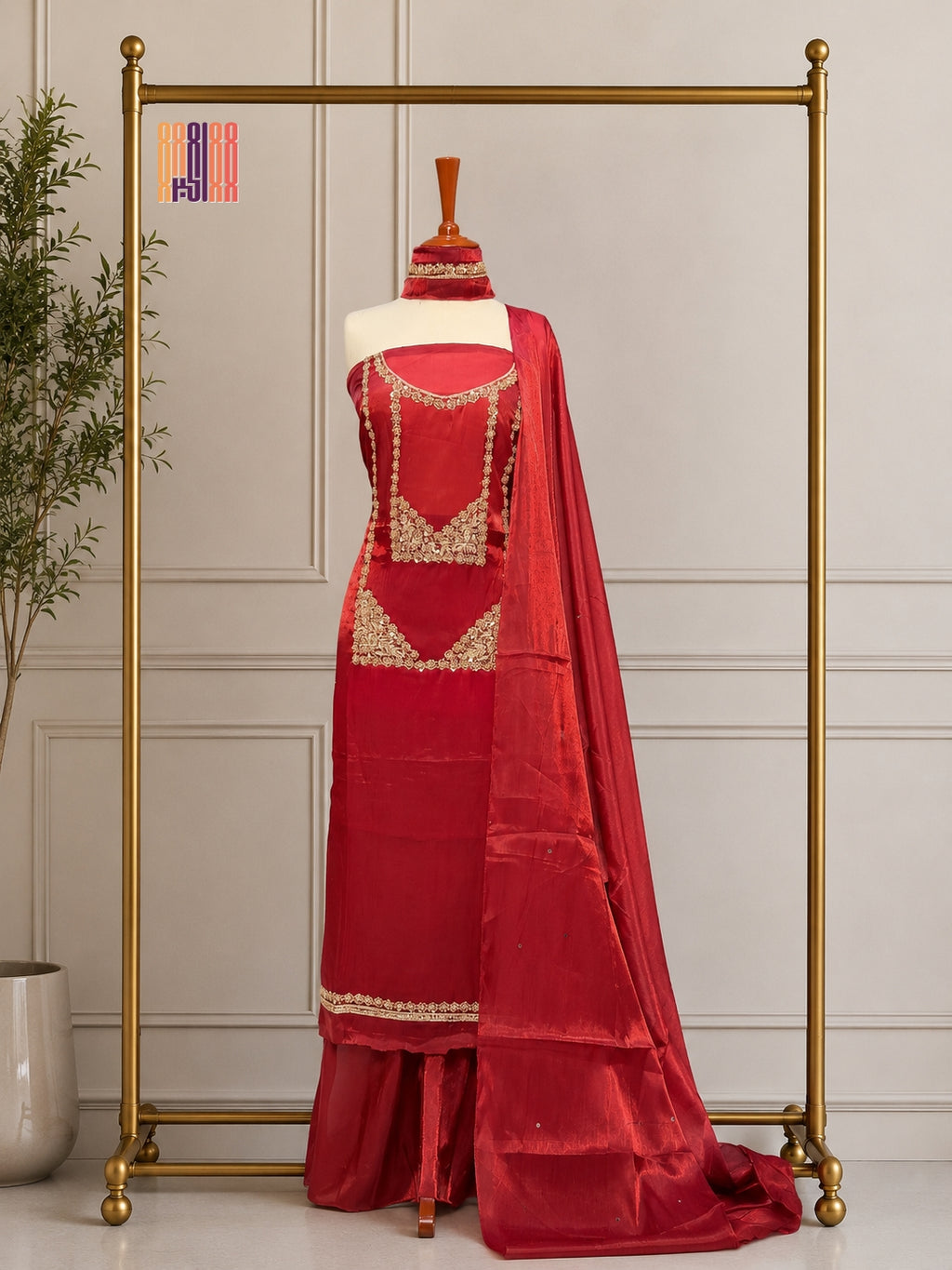 Party Wear Hand Work 4Pcs Unstitched Suit in Deep Anari Red – PW005