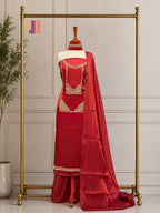 Party Wear Hand Work 4Pcs Unstitched Suit in Deep Anari Red – PW005