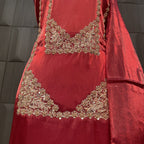 Party Wear Hand Work 4Pcs Unstitched Suit in Deep Anari Red – PW005