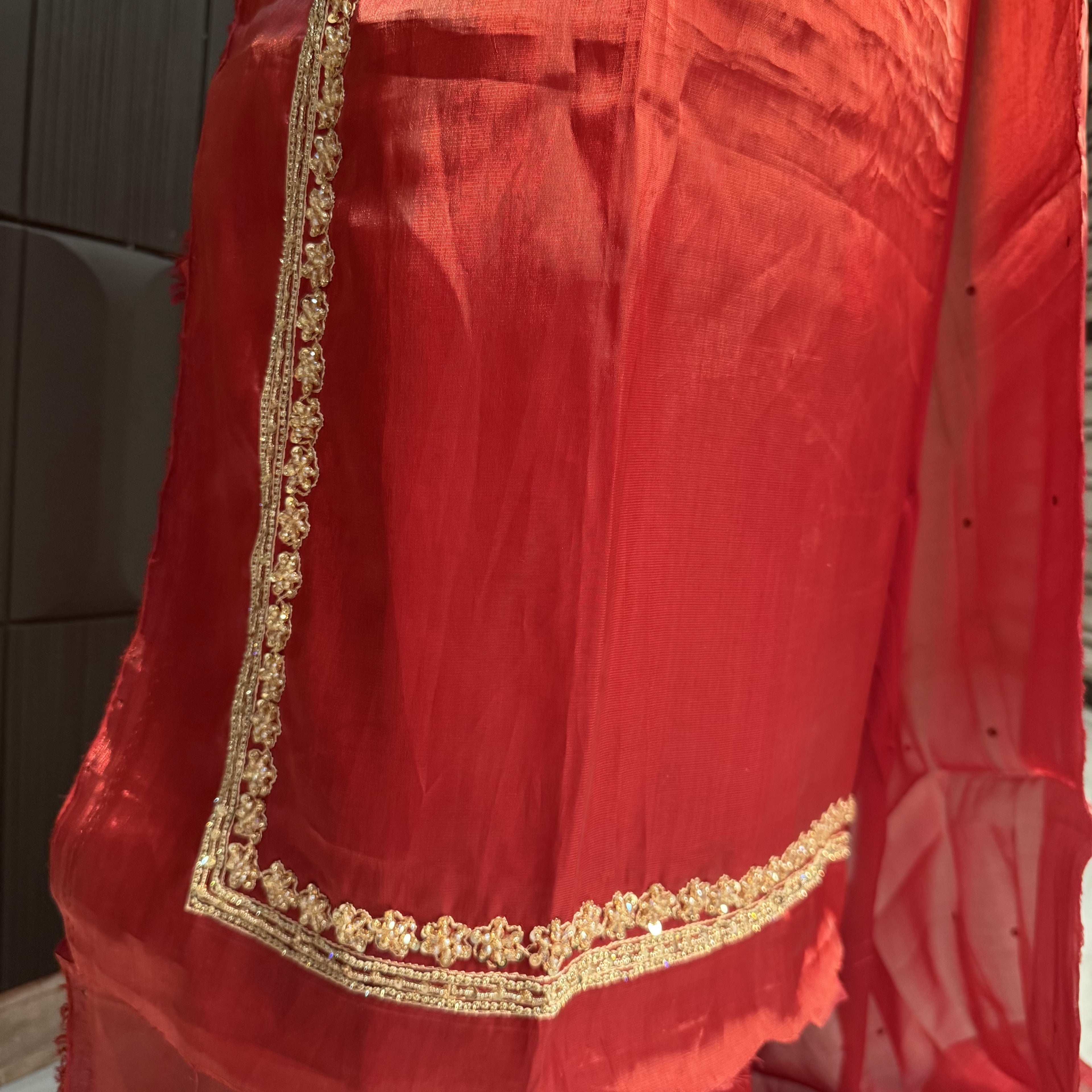 Party Wear Hand Work 4Pcs Unstitched Suit in Deep Anari Red – PW005