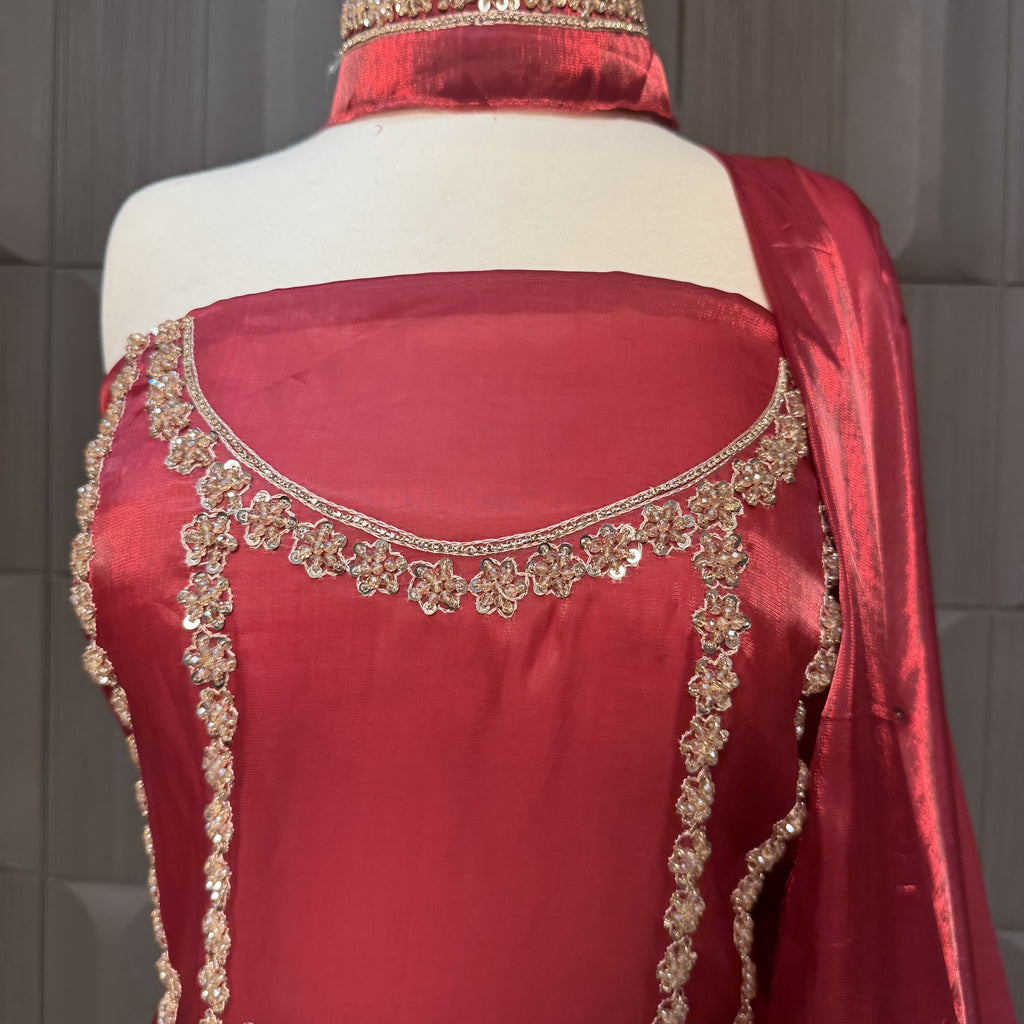 Party Wear Hand Work 4Pcs Unstitched Suit in Deep Anari Red – PW005