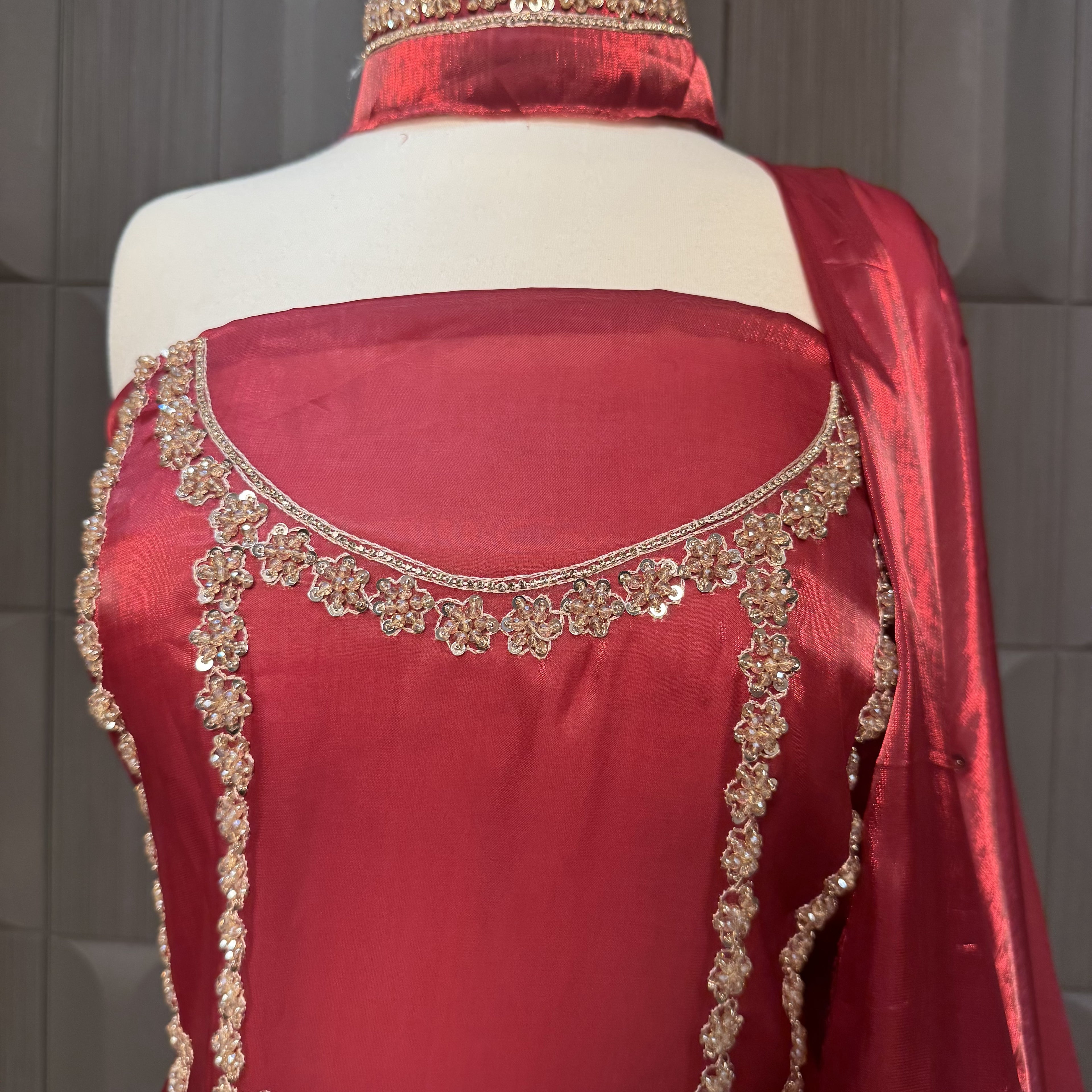 Party Wear Hand Work 4Pcs Unstitched Suit in Deep Anari Red – PW005