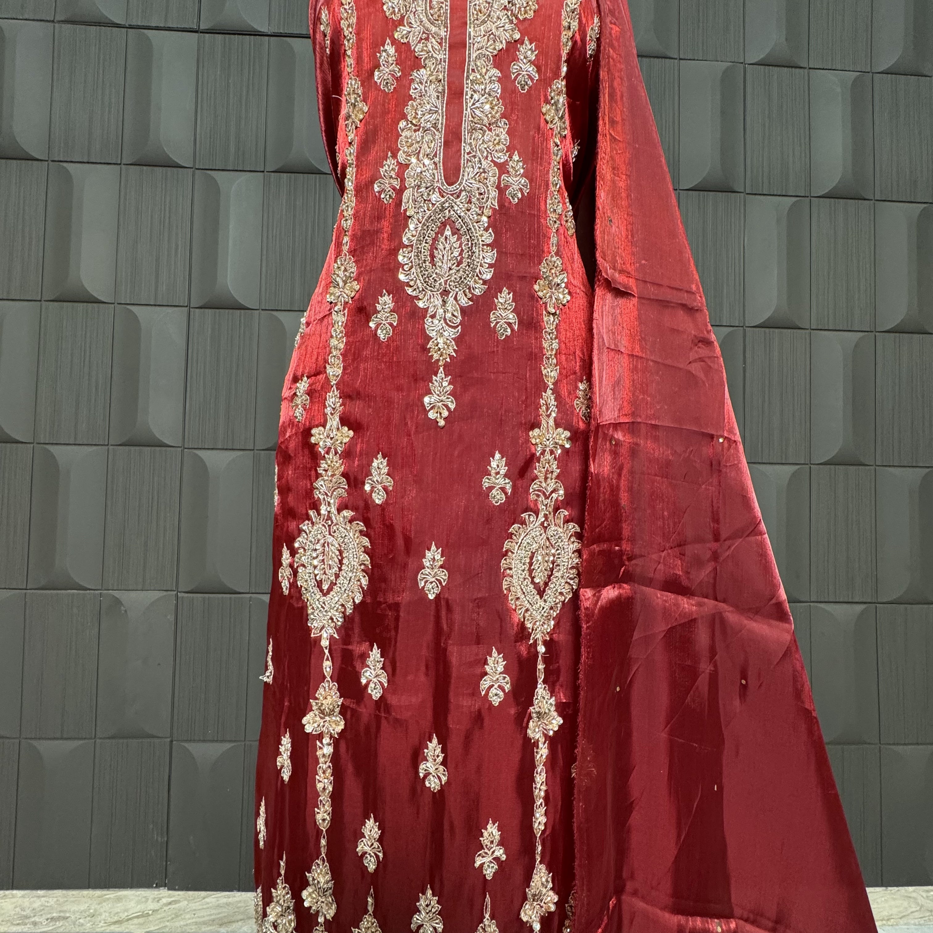 Party Wear Hand Work 4Pcs Unstitched Suit in Light Maroon – PW014