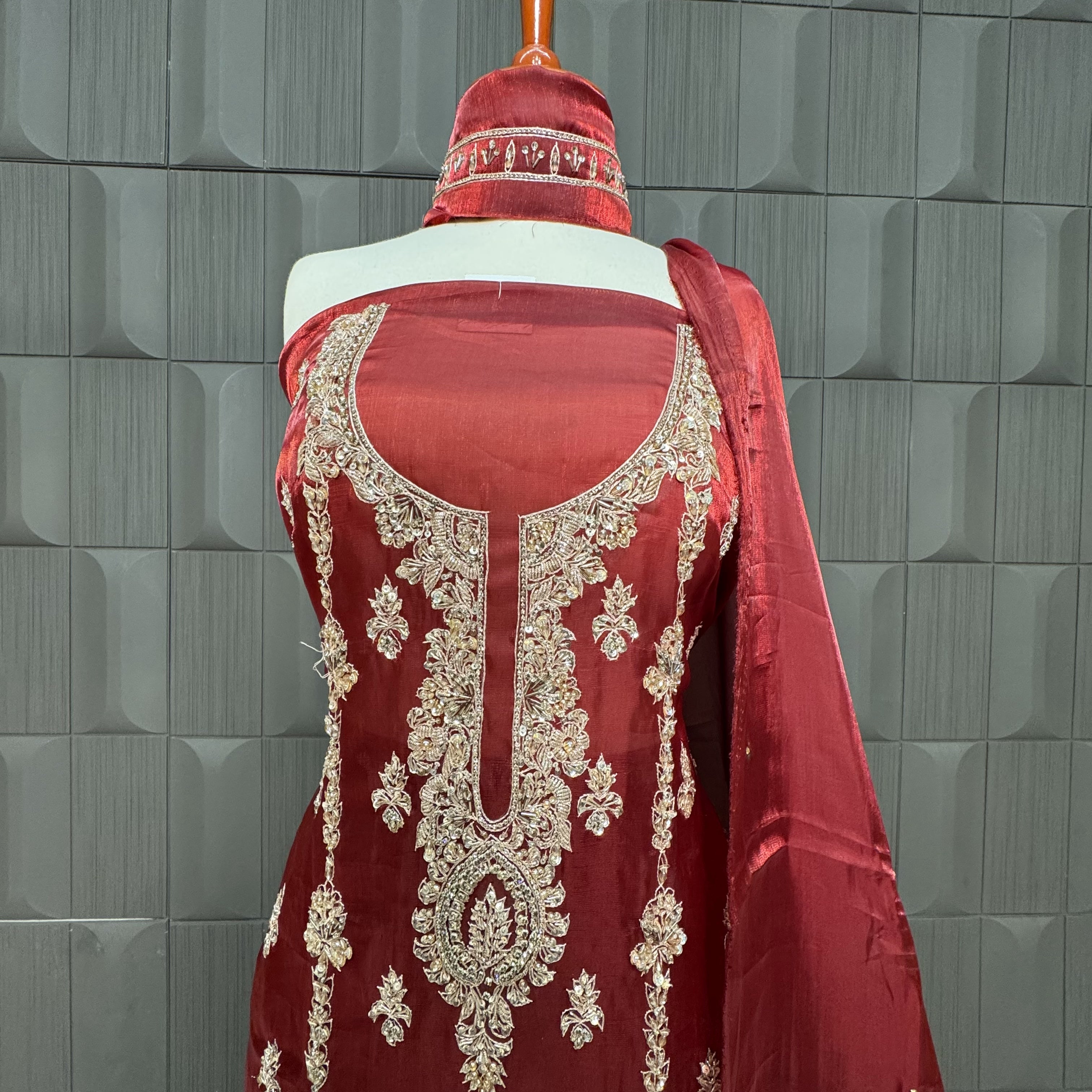 Party Wear Hand Work 4Pcs Unstitched Suit in Light Maroon – PW014