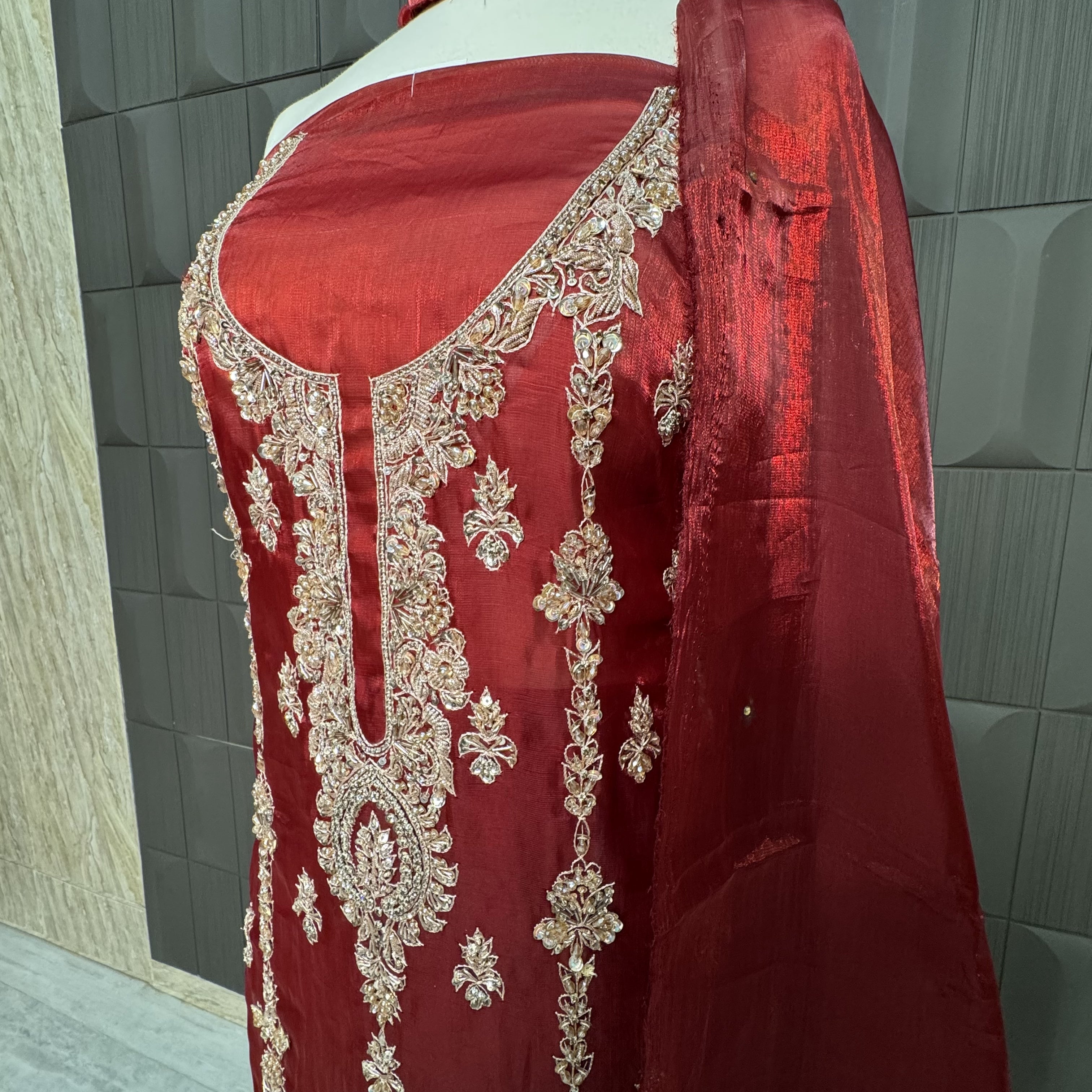 Party Wear Hand Work 4Pcs Unstitched Suit in Light Maroon – PW014