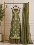 Party Wear Hand Work 4Pcs Unstitched Suit in Mehndi Green – PW016