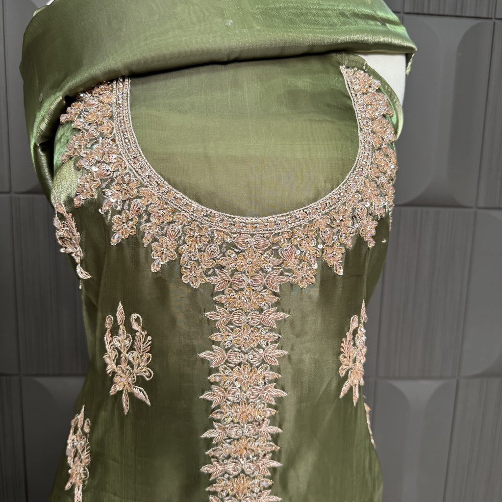 Party Wear Hand Work 4Pcs Unstitched Suit in Mehndi Green – PW016