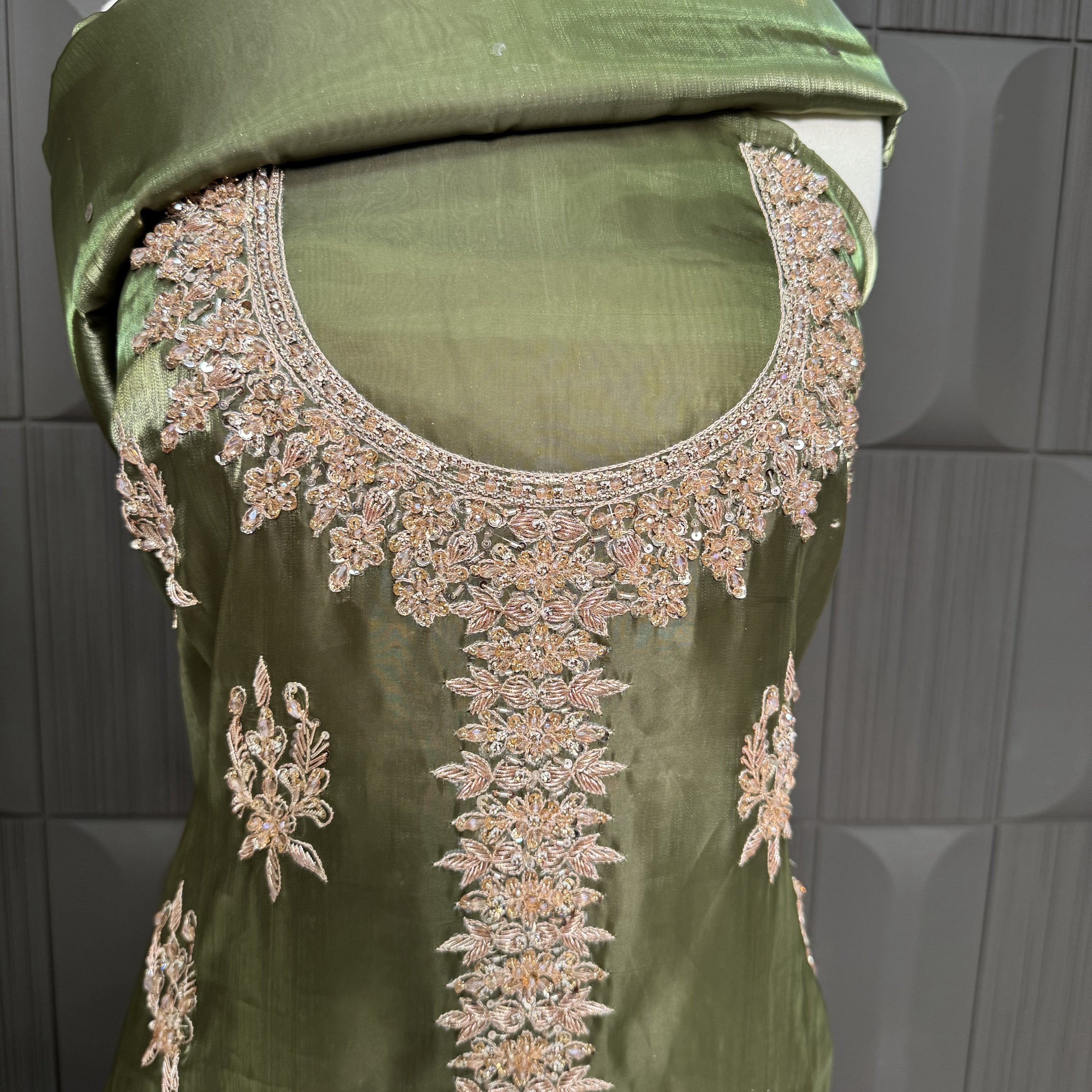 Party Wear Hand Work 4Pcs Unstitched Suit in Mehndi Green – PW016