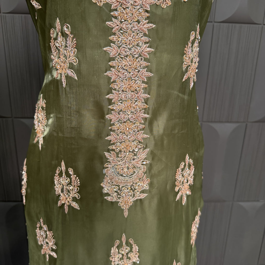 Party Wear Hand Work 4Pcs Unstitched Suit in Mehndi Green – PW016