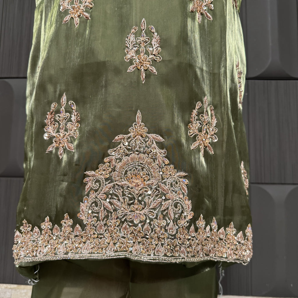 Party Wear Hand Work 4Pcs Unstitched Suit in Mehndi Green – PW016