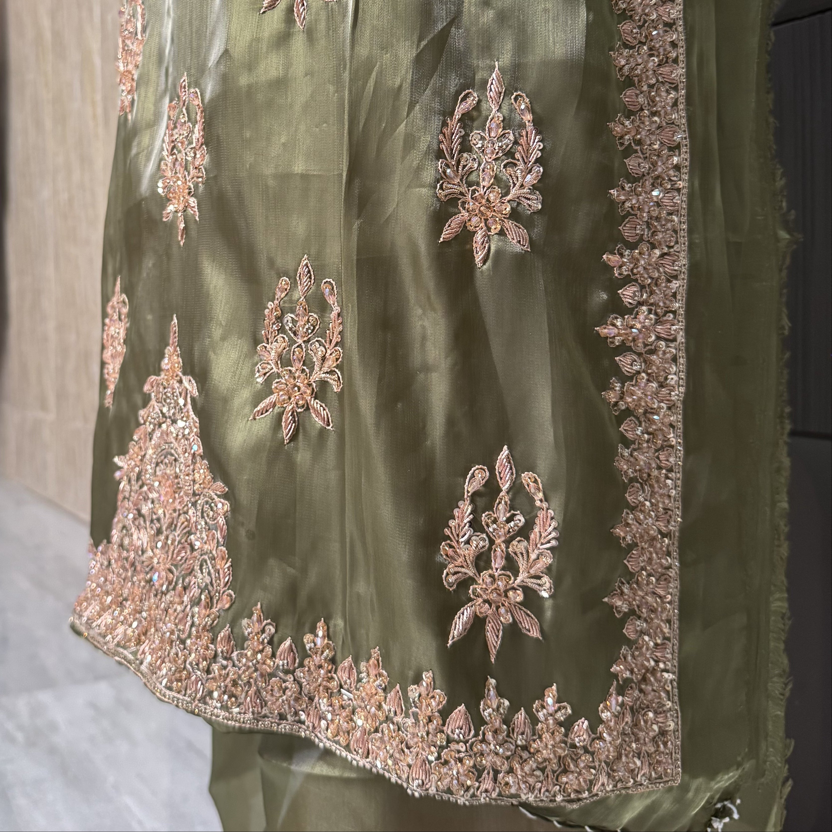 Party Wear Hand Work 4Pcs Unstitched Suit in Mehndi Green – PW016