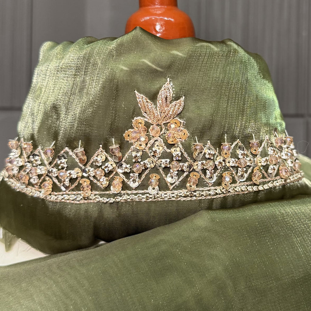 Party Wear Hand Work 4Pcs Unstitched Suit in Mehndi Green – PW016