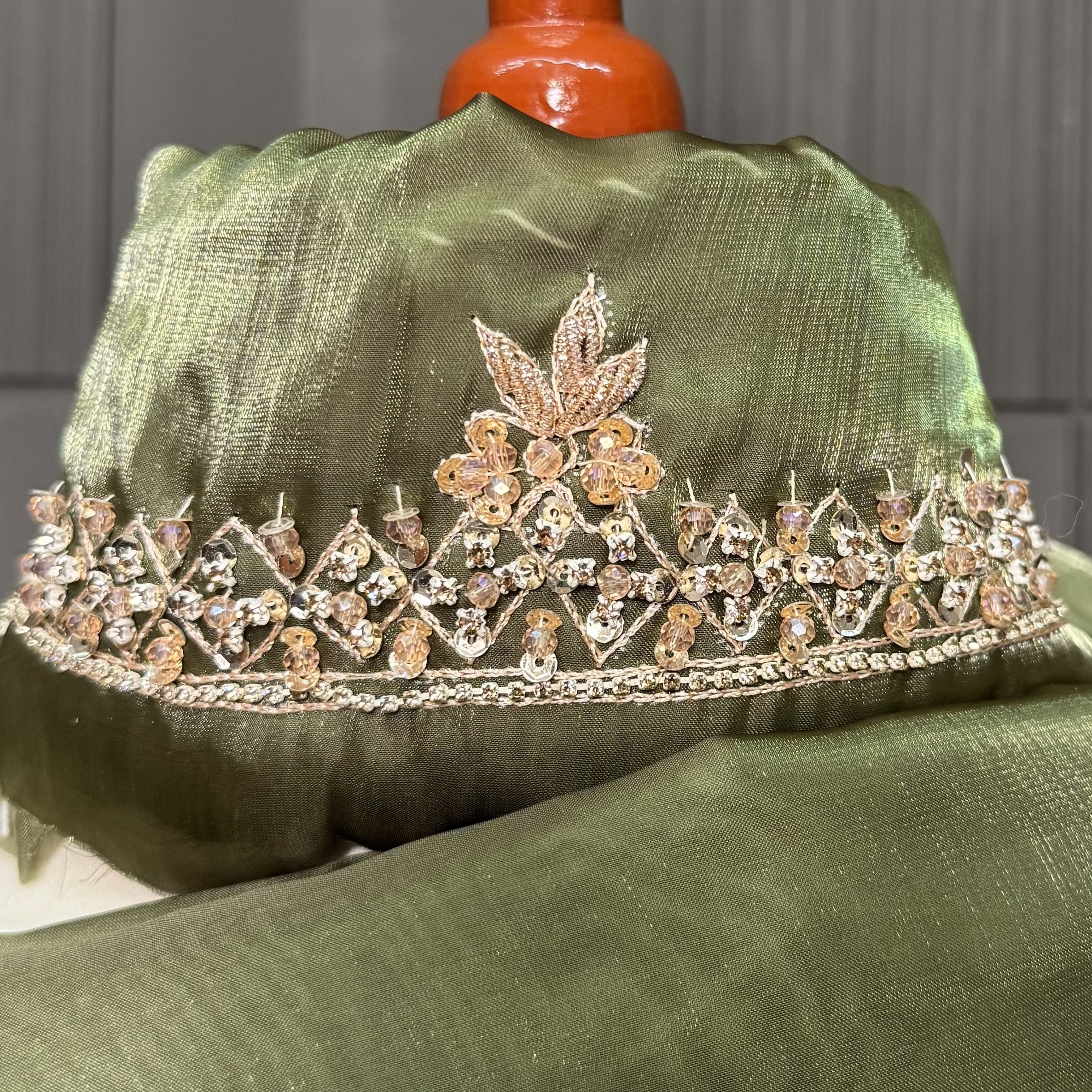 Party Wear Hand Work 4Pcs Unstitched Suit in Mehndi Green – PW016