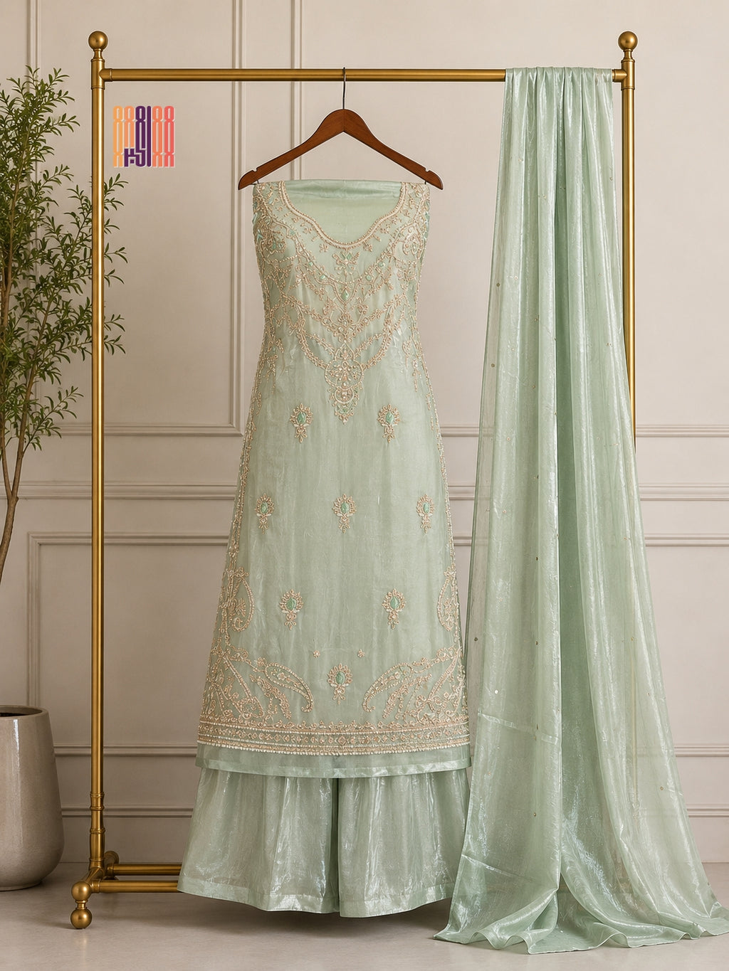 Party Wear Hand Work 4Pcs Unstitched Suit in Pista – PW012