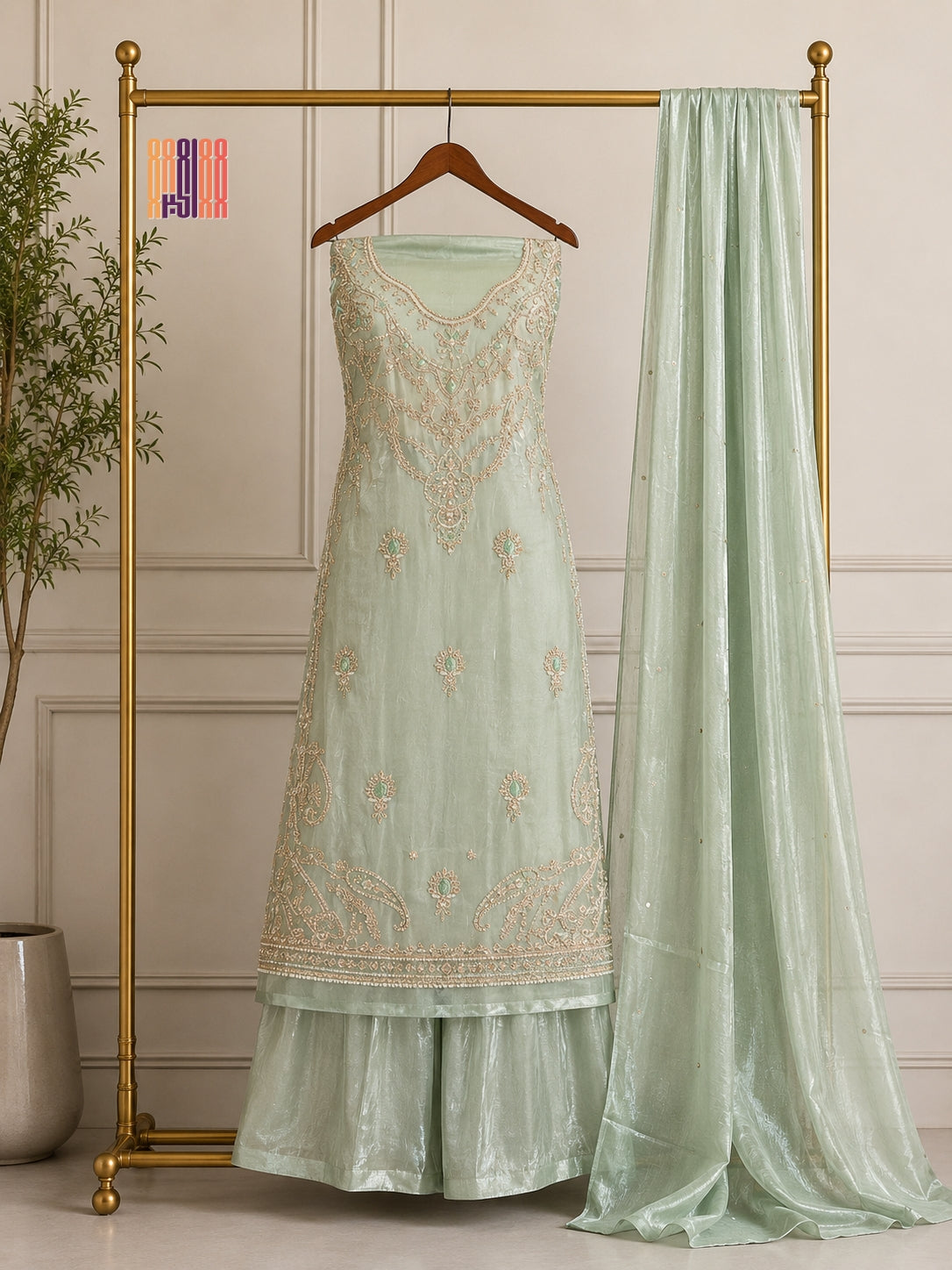 Party Wear Hand Work 4Pcs Unstitched Suit in Pista – PW012