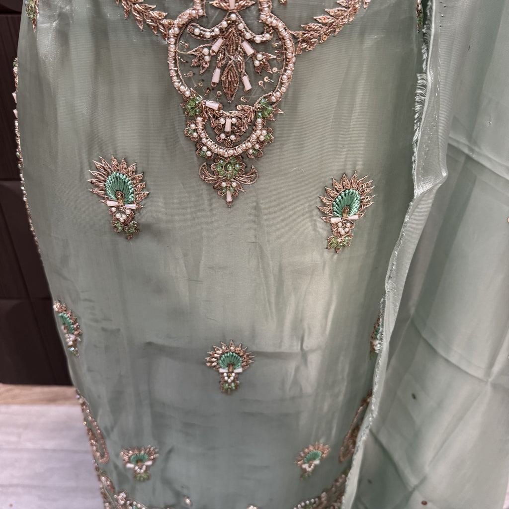 Party Wear Hand Work 4Pcs Unstitched Suit in Pista – PW012