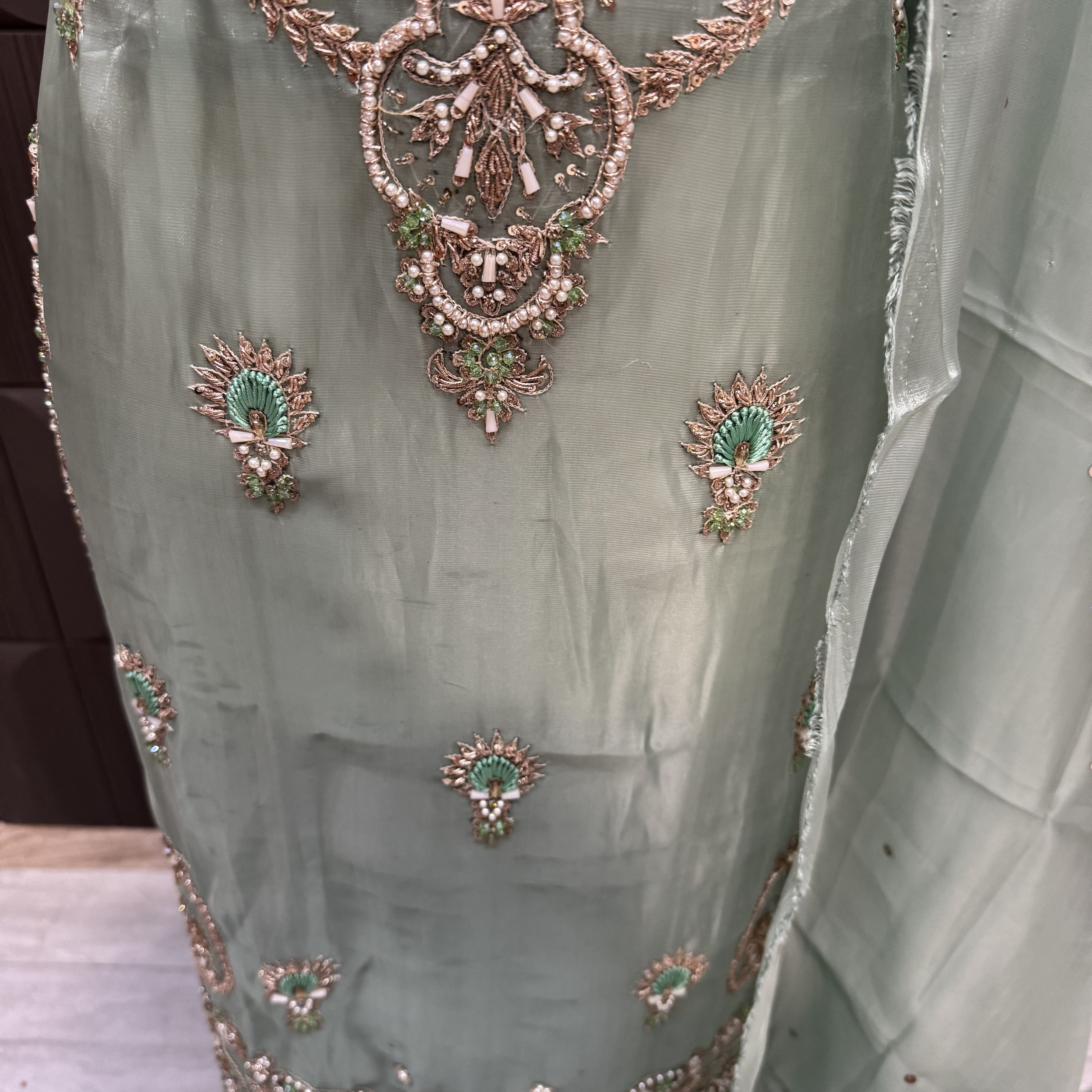 Party Wear Hand Work 4Pcs Unstitched Suit in Pista – PW012