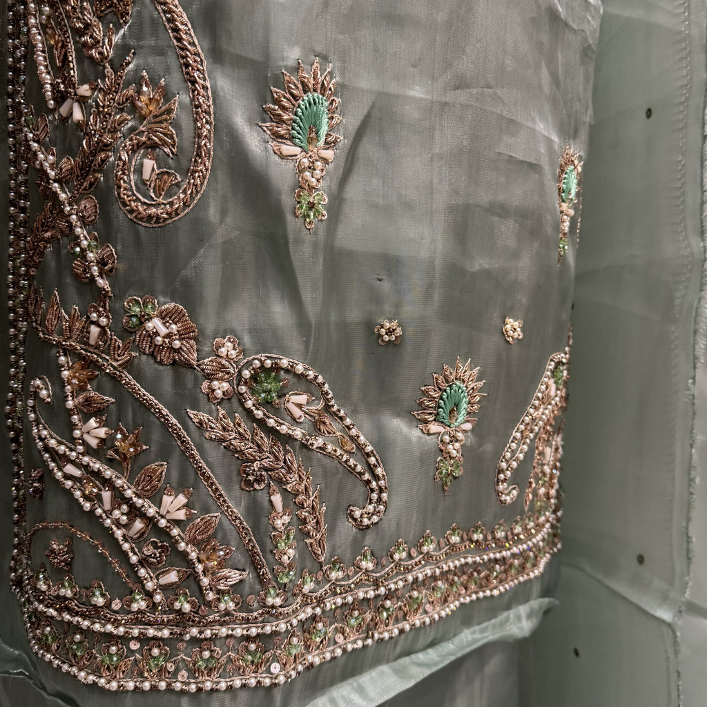 Party Wear Hand Work 4Pcs Unstitched Suit in Pista – PW012