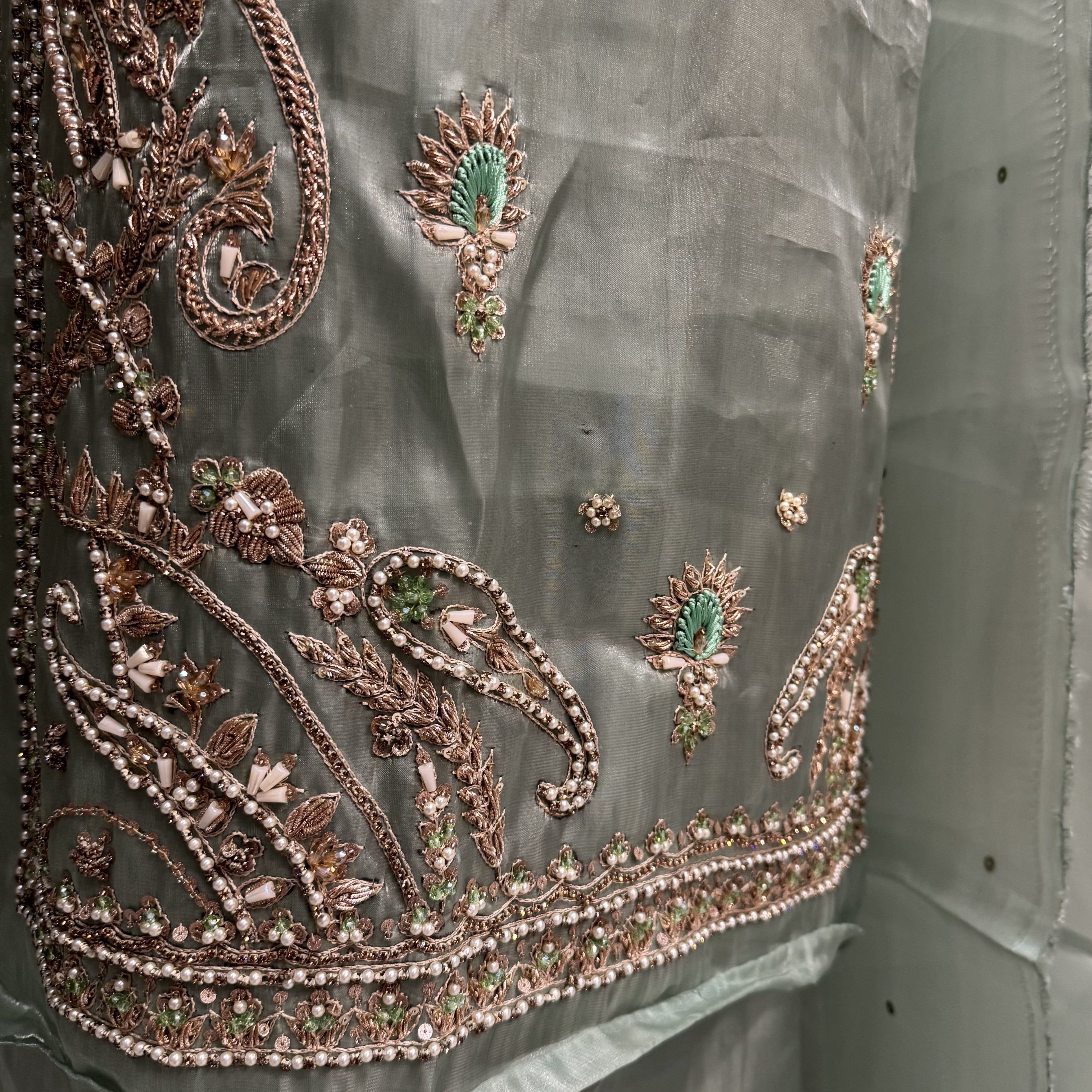 Party Wear Hand Work 4Pcs Unstitched Suit in Pista – PW012