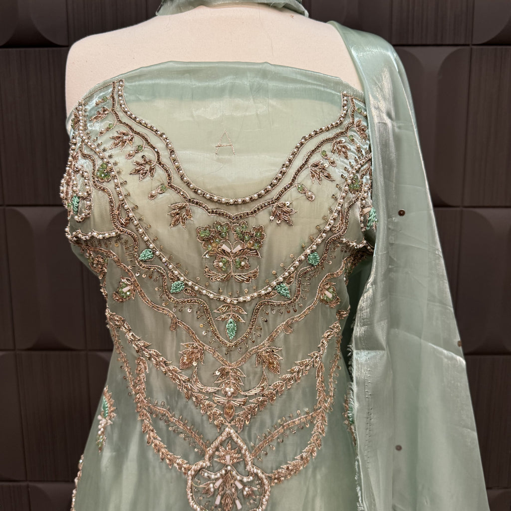 Party Wear Hand Work 4Pcs Unstitched Suit in Pista – PW012