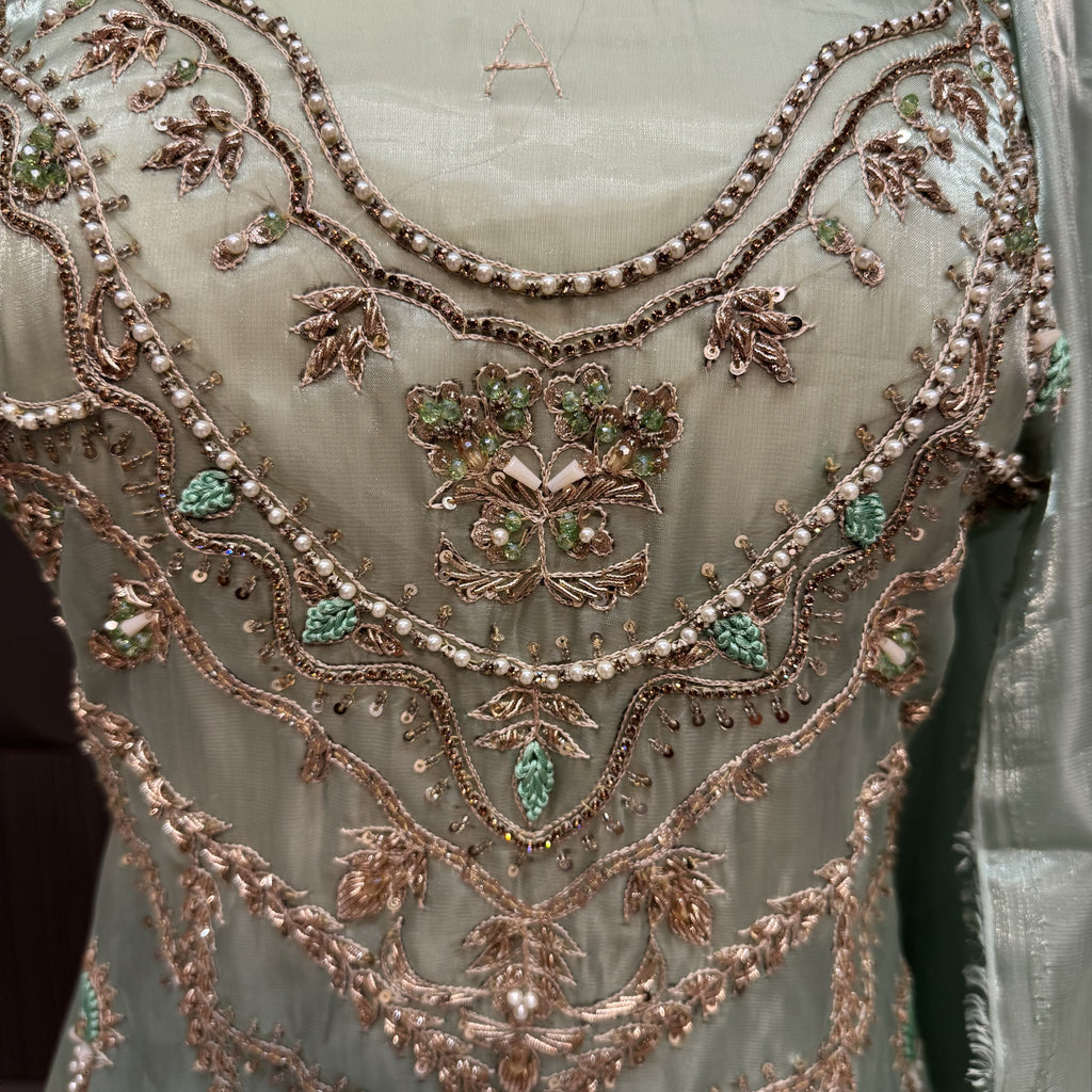 Party Wear Hand Work 4Pcs Unstitched Suit in Pista – PW012