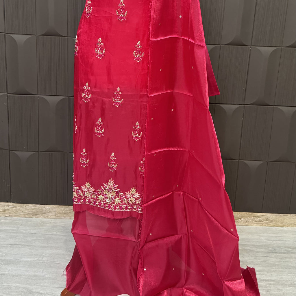 Party Wear Hand Work 4Pcs Unstitched Suit in Red – PW007