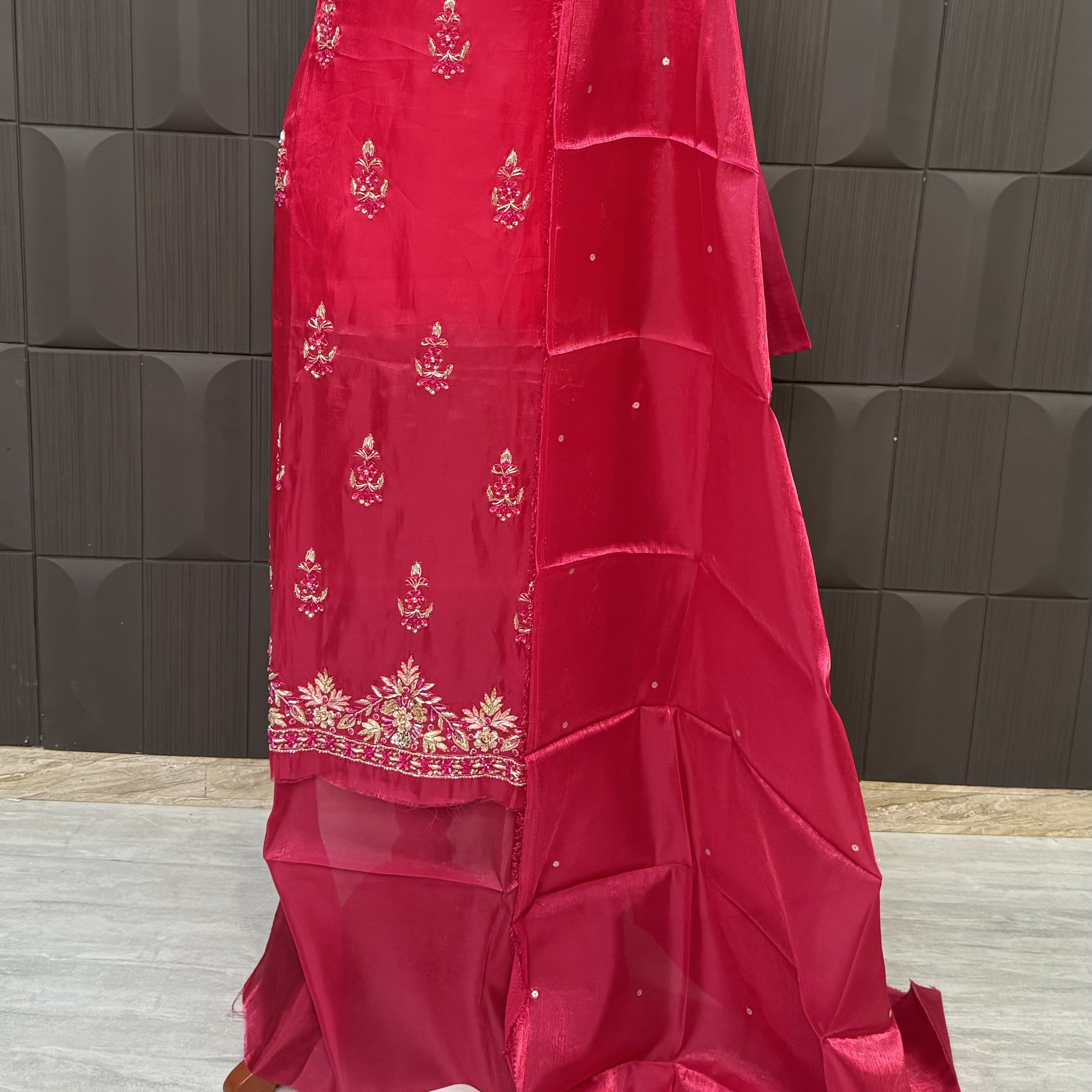 Party Wear Hand Work 4Pcs Unstitched Suit in Red – PW007