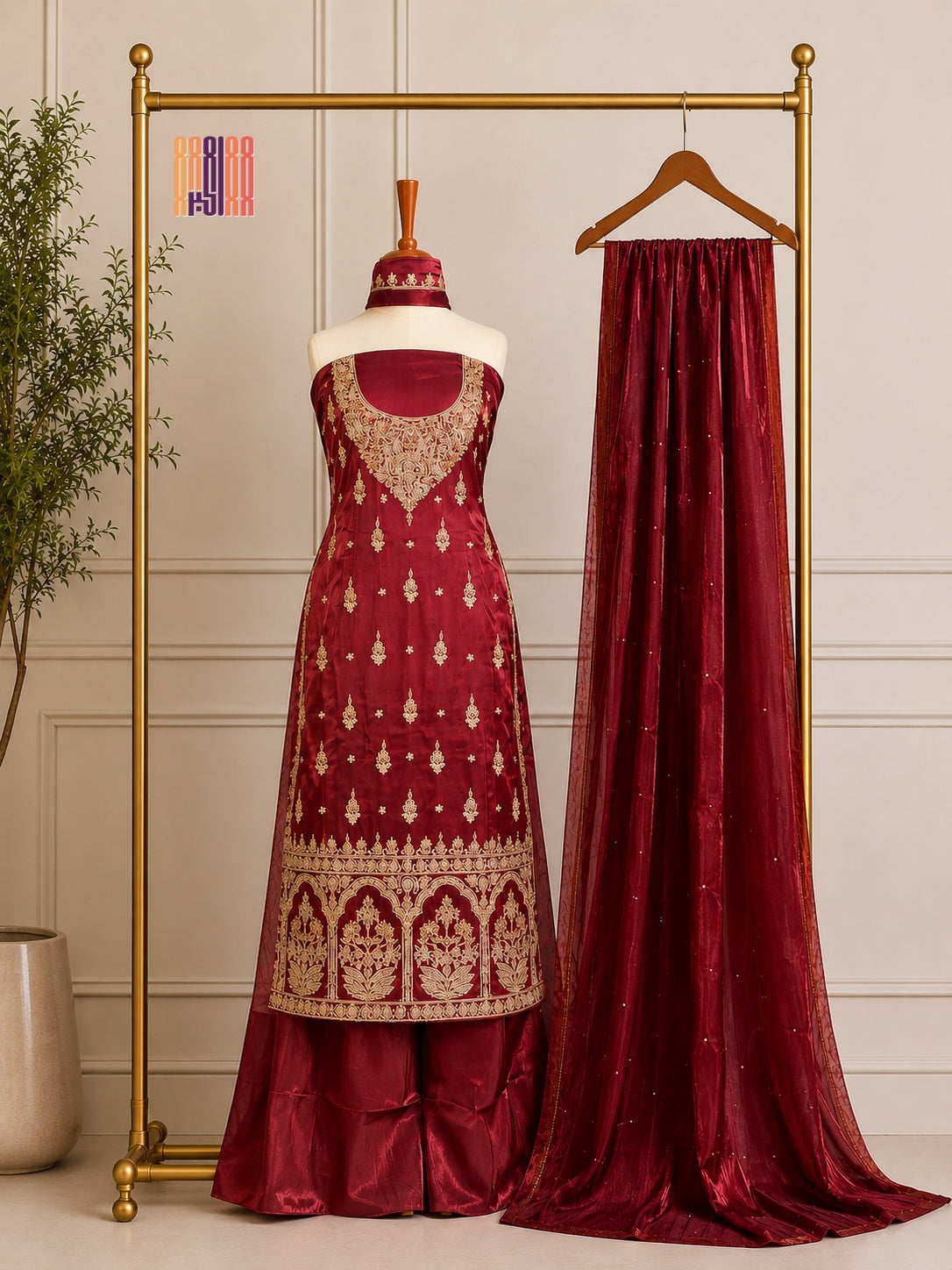 Party Wear Hand Work 4Pcs Unstitched Suit in Rust Sheesha Silk – PW018
