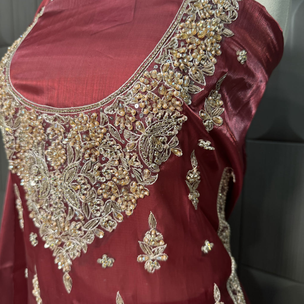 Party Wear Hand Work 4Pcs Unstitched Suit in Rust Sheesha Silk – PW018