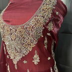 Party Wear Hand Work 4Pcs Unstitched Suit in Rust Sheesha Silk – PW018