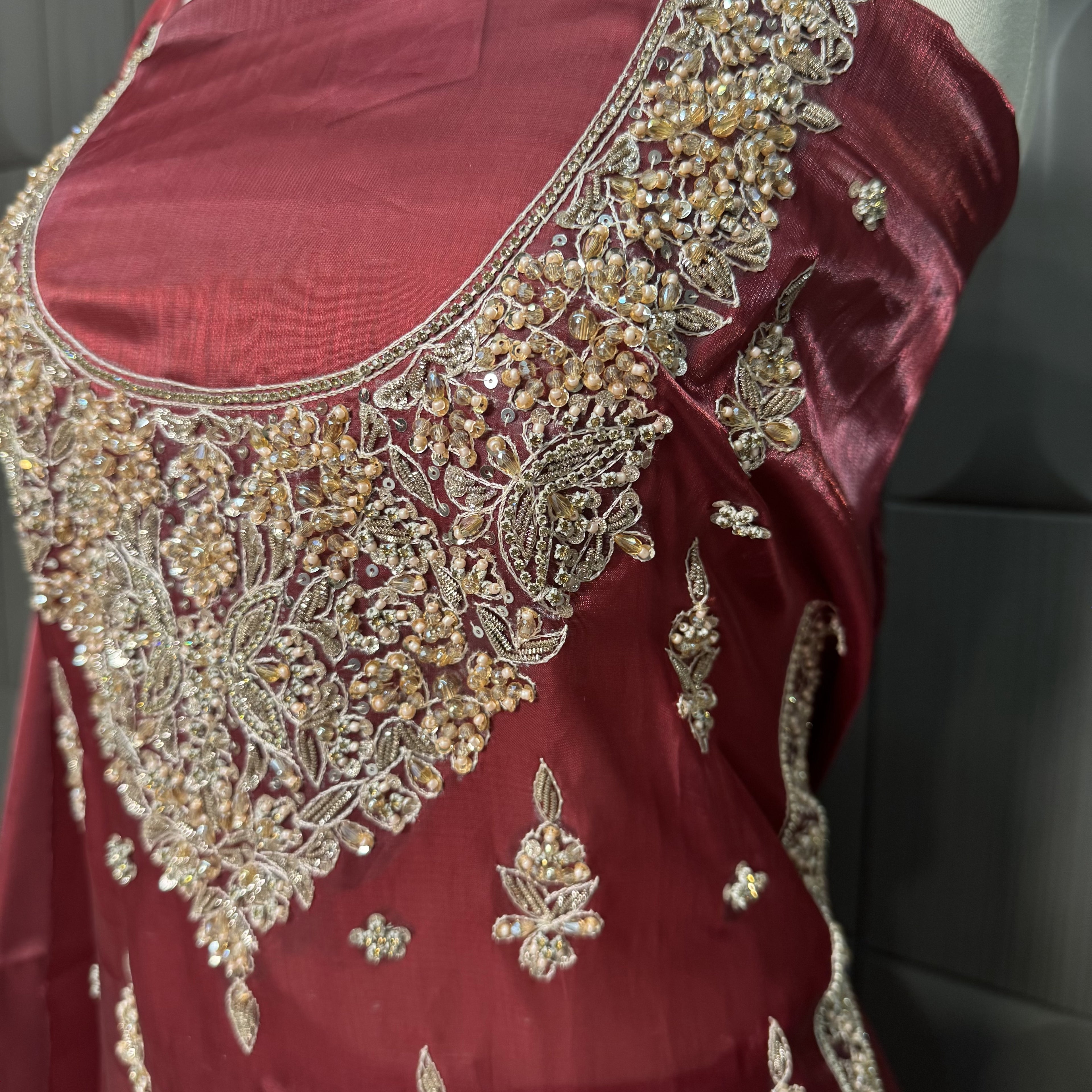 Party Wear Hand Work 4Pcs Unstitched Suit in Rust Sheesha Silk – PW018