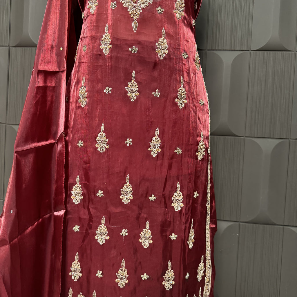 Party Wear Hand Work 4Pcs Unstitched Suit in Rust Sheesha Silk – PW018