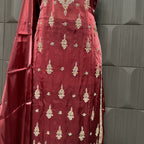 Party Wear Hand Work 4Pcs Unstitched Suit in Rust Sheesha Silk – PW018